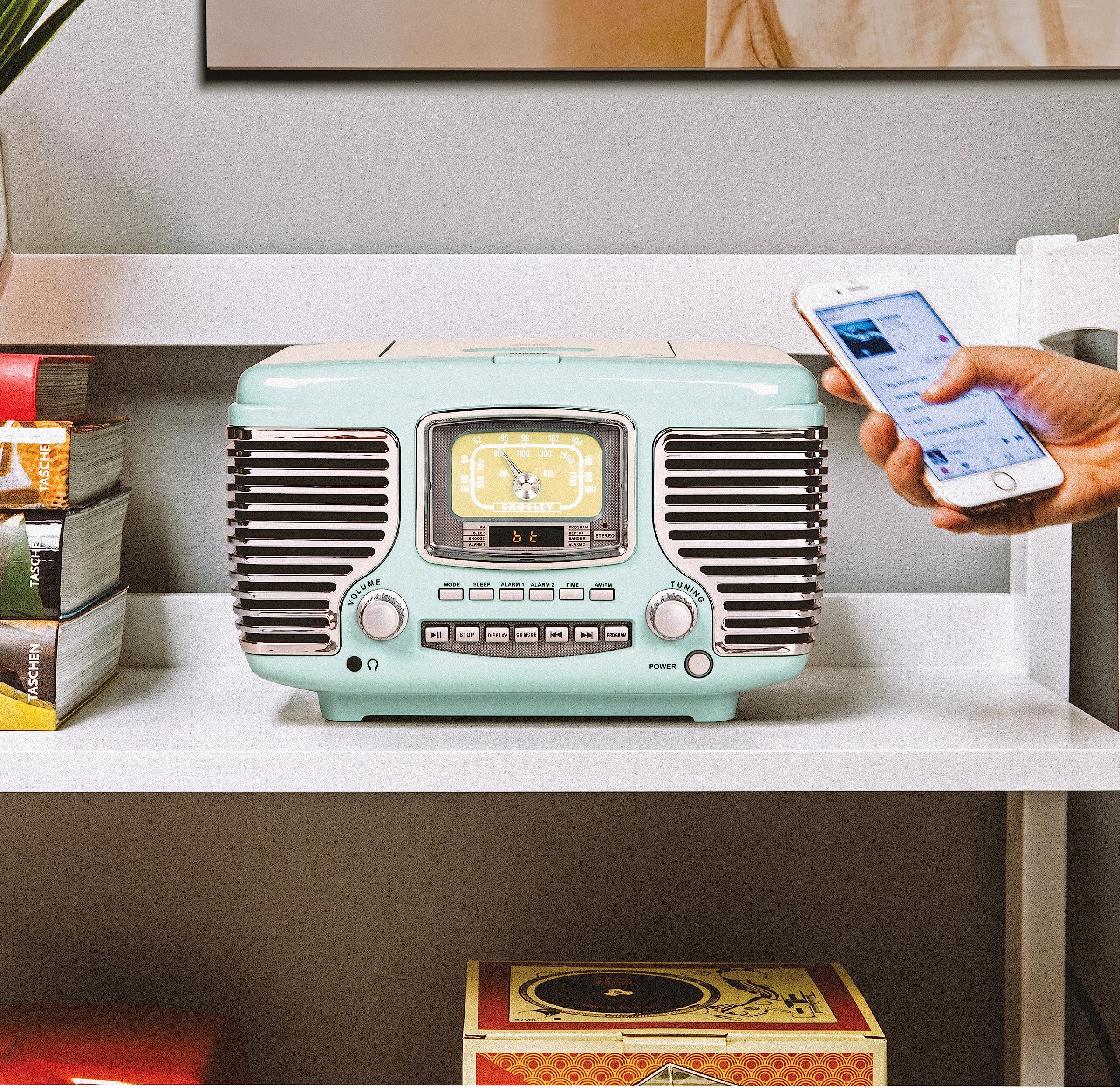 Crosley CR612B-AB Corsair Tabletop AM/FM Bluetooth Radio with CD Player and Dual Alarm Clock, Aqua Blue