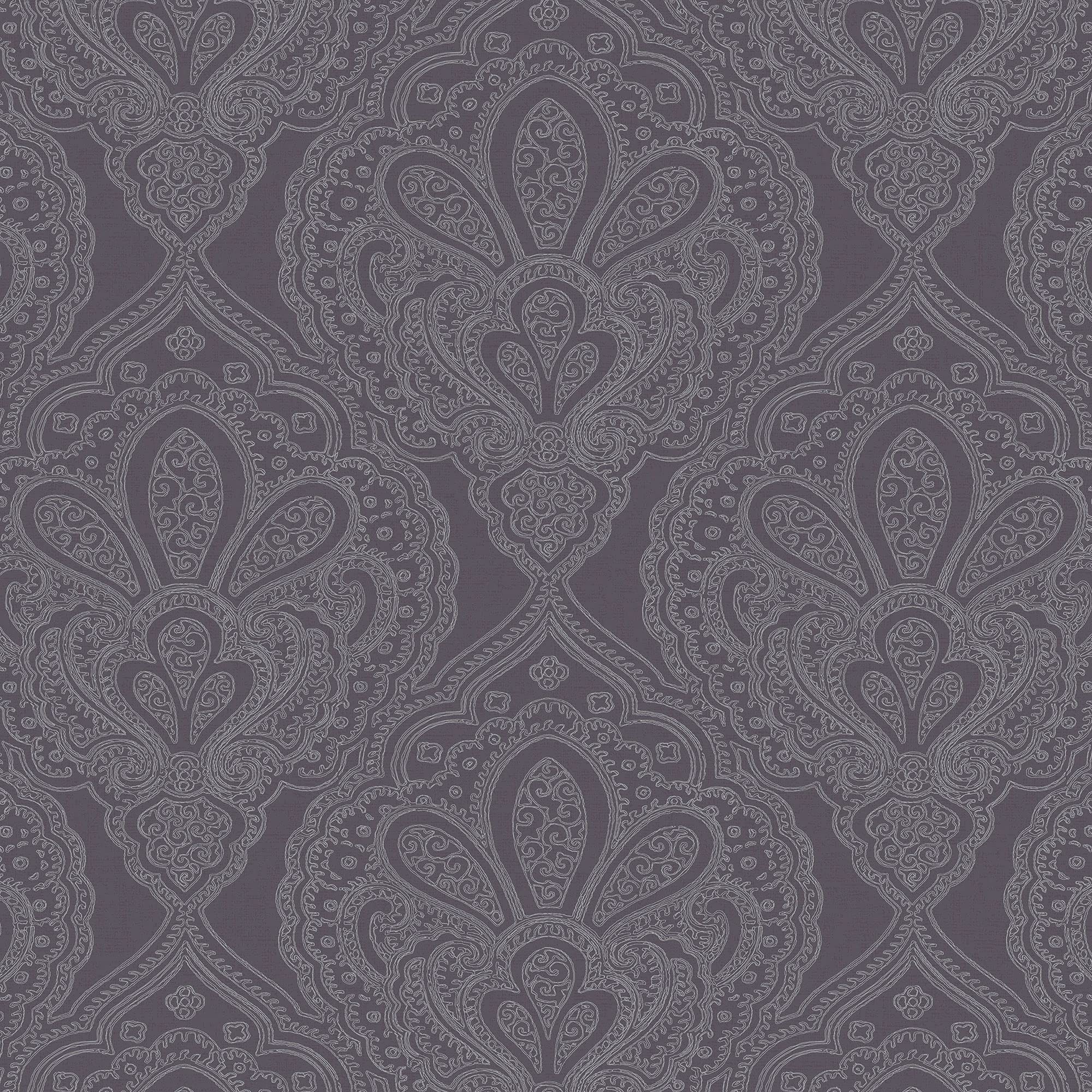 Galerie DWP0247-01 Emporium Mehndi Damask Wallpaper, Purple/Silver, 10m x 53cm