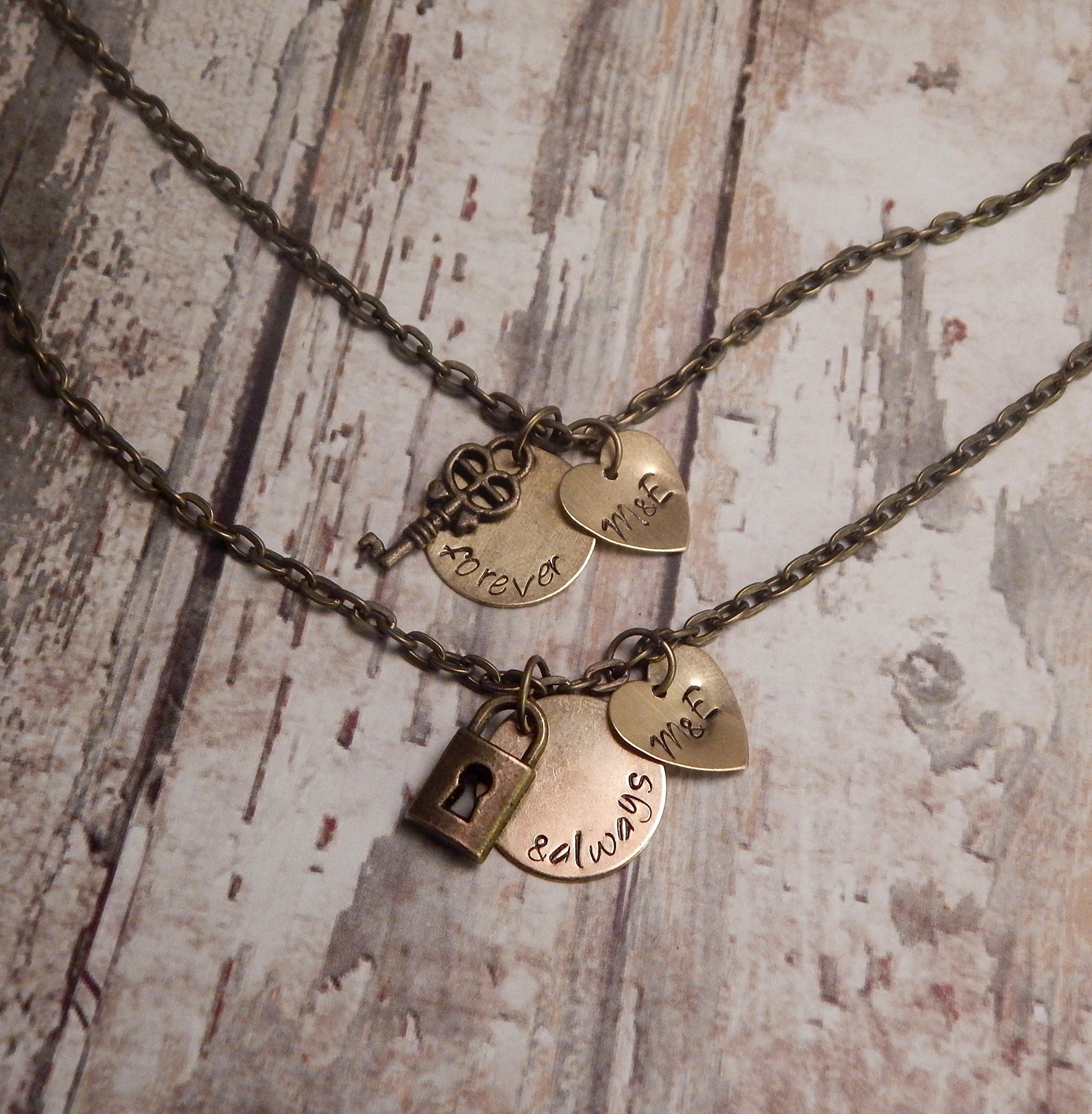Personalized Forever and Always Couples Necklace Set with Lock and Key Charms and Initials- Couples Jewelry - Best Friend Necklaces