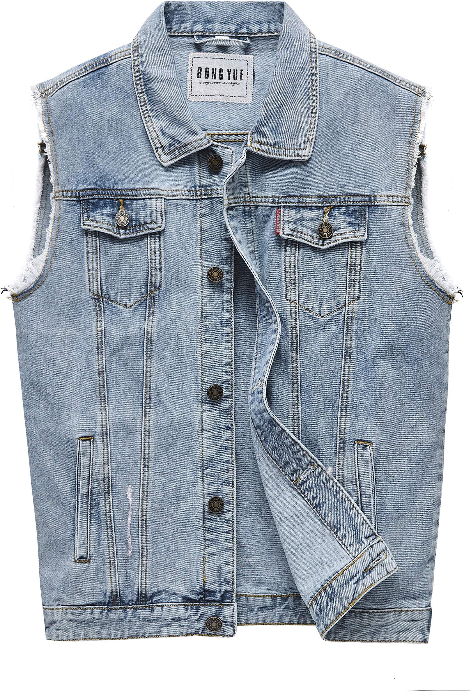 RongYue Men's Casual Button-Down Denim Vest Sleeveless Jacket with Broken Holes