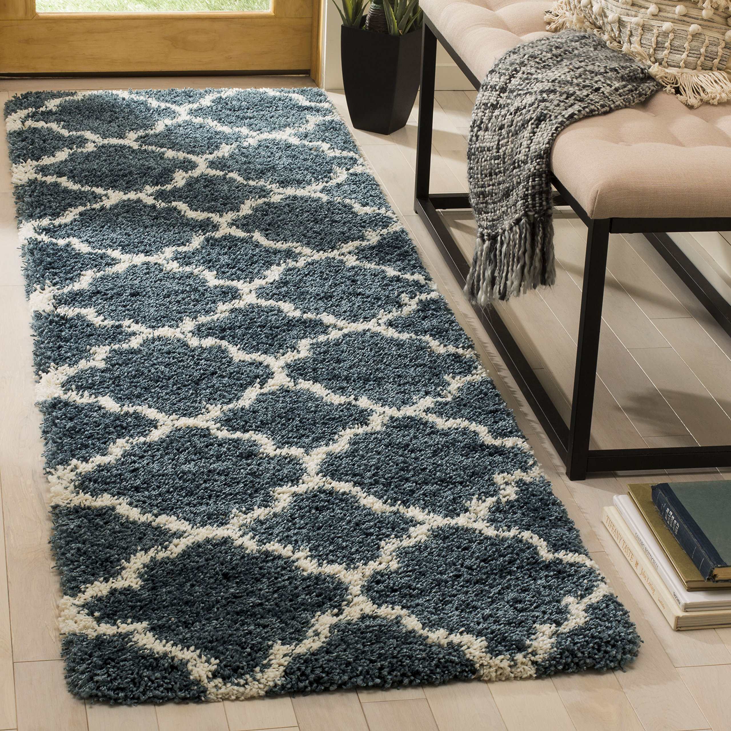 SAFAVIEH Hudson Shag Collection Runner Rug - 2'3" x 8', Slate Blue & Ivory, Moroccan Trellis, Non-Shedding & Easy Care, 2-inch Thick Ideal for High Traffic Areas in Living Room, Bedroom (SGH282L) Image
