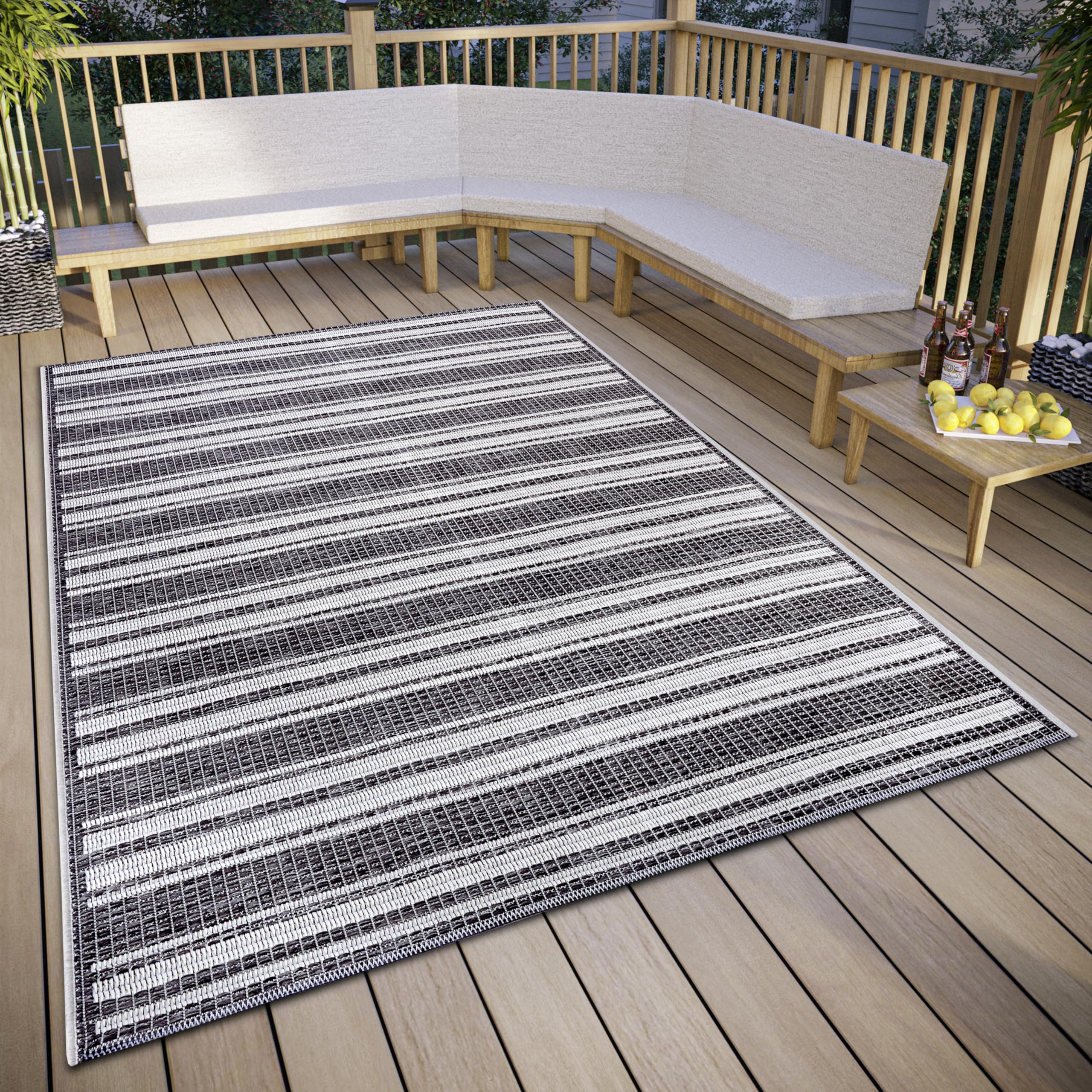 HANSE Home Temu Indoor & Outdoor Rug Weatherproof - Modern Striped Pattern, Waterproof Robust Outdoor Rug Flat Weave for Garden, Balcony, Patio, Living Room - Grey Beige, 63 x 120 cm