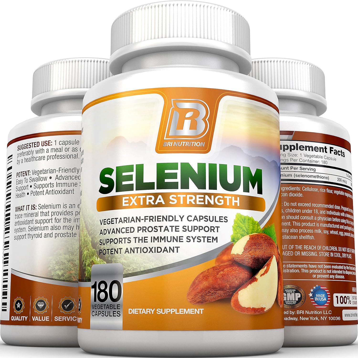 BRI Nutrition Selenium - Natural Antioxidant Supplements Helps to Fortify Immune System, Maintain Heart Health & Combat Free Radical Damage - 200mcg, 180 Vegetable Cellulose Capsules: Health & Personal Care