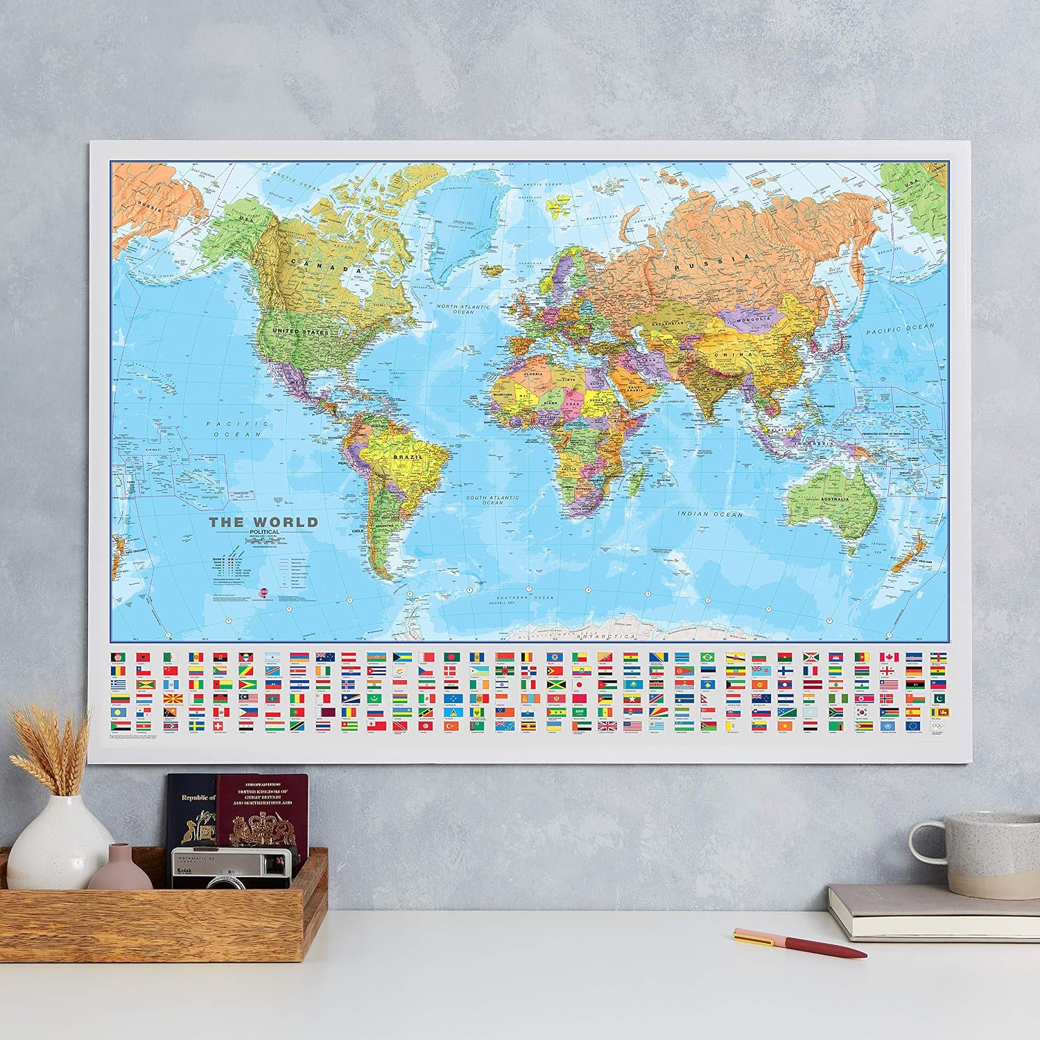 Maps International, World Map with Flags, Laminated, 84.1cm (w) x 59.4cm (h), Updated 2025, World Map with Flags - Image 3