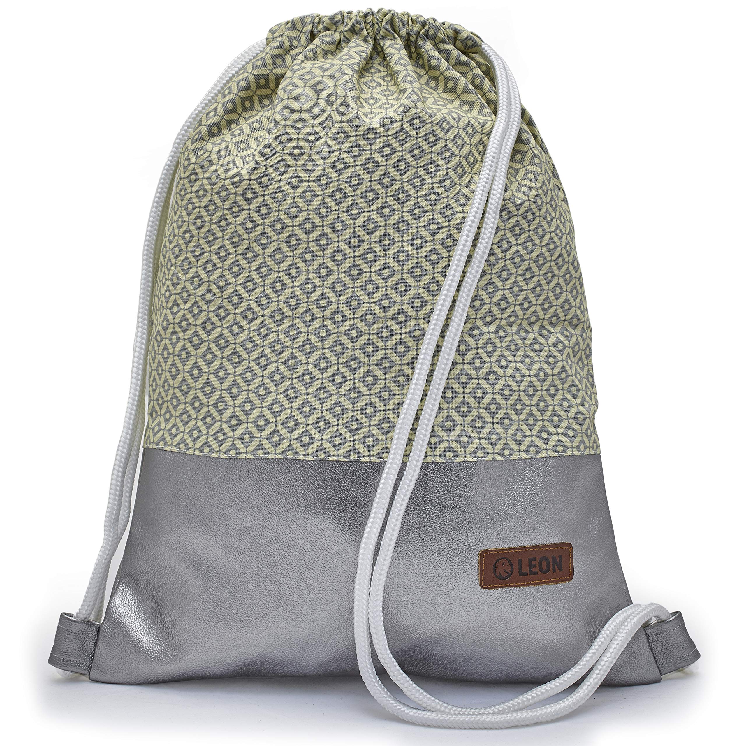 By Bers Leon Gym Bag with Inner Pockets Zip Backpack Bag Women Men Teenager Gym Bag Gym Bag, Checked grey silver metallic PU, 46cm