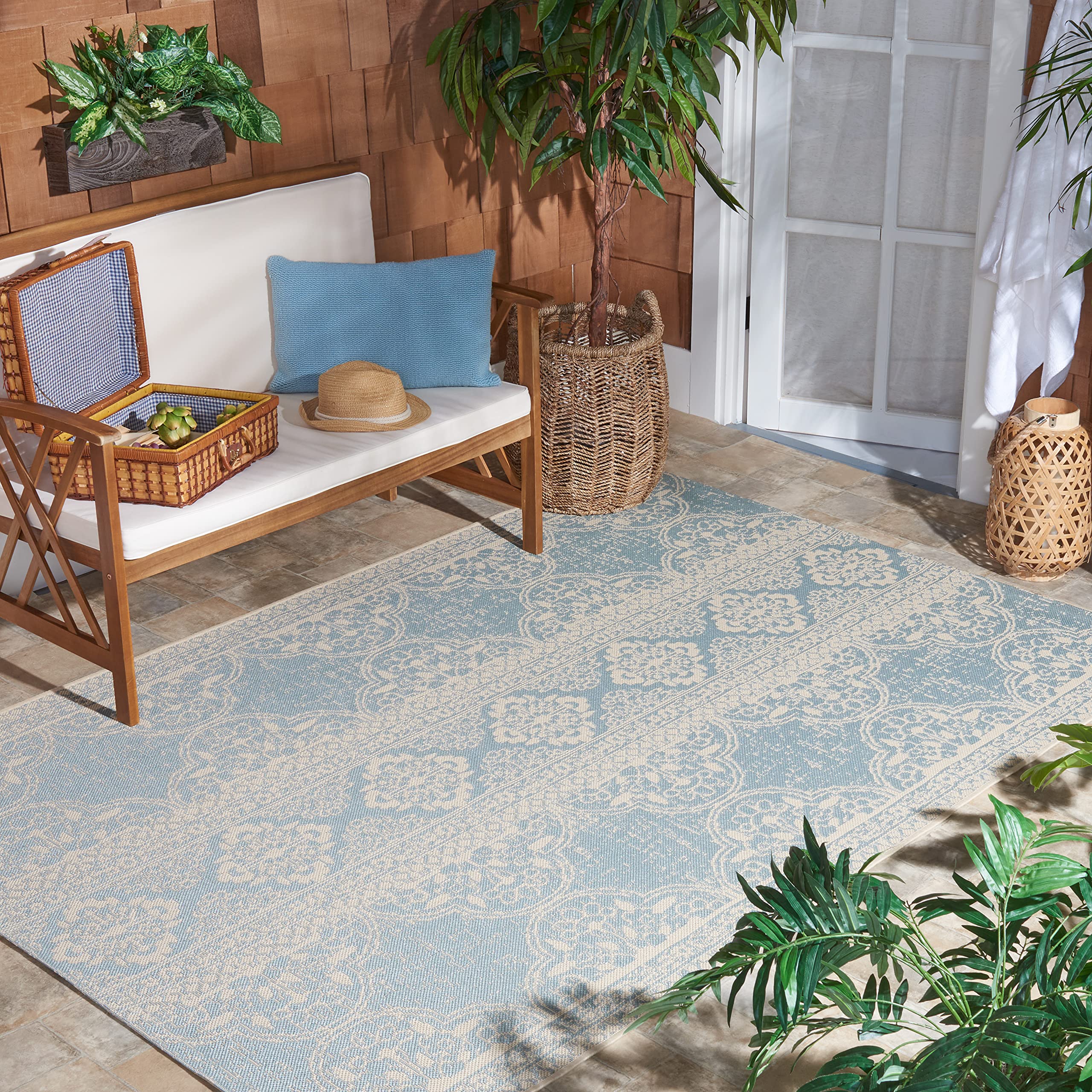 Safavieh Transitional Indoor/Outdoor Woven Rectangle Area Rug, Beachhouse Collection, BHS174, in Cream / Aqua, 79 X 152 cm for Garden, Patio or Any Outdoor Space