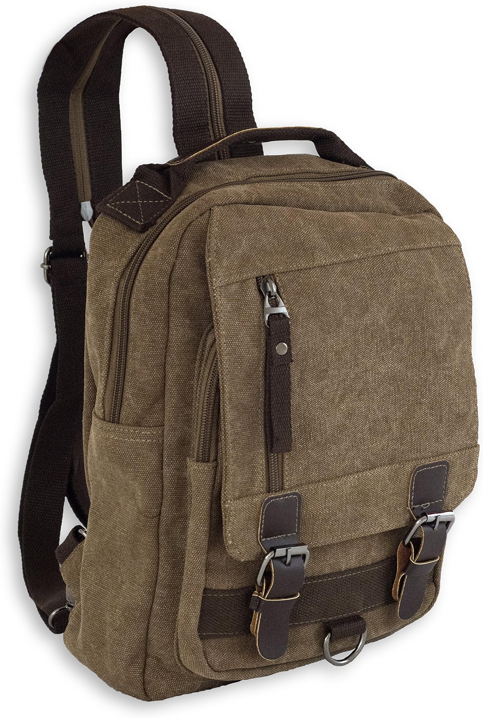 Small Messenger Bag and Sling Backpack Convertible Canvas Cross Body Shoulder Pack - Wear With One Strap or Two (Walnut)