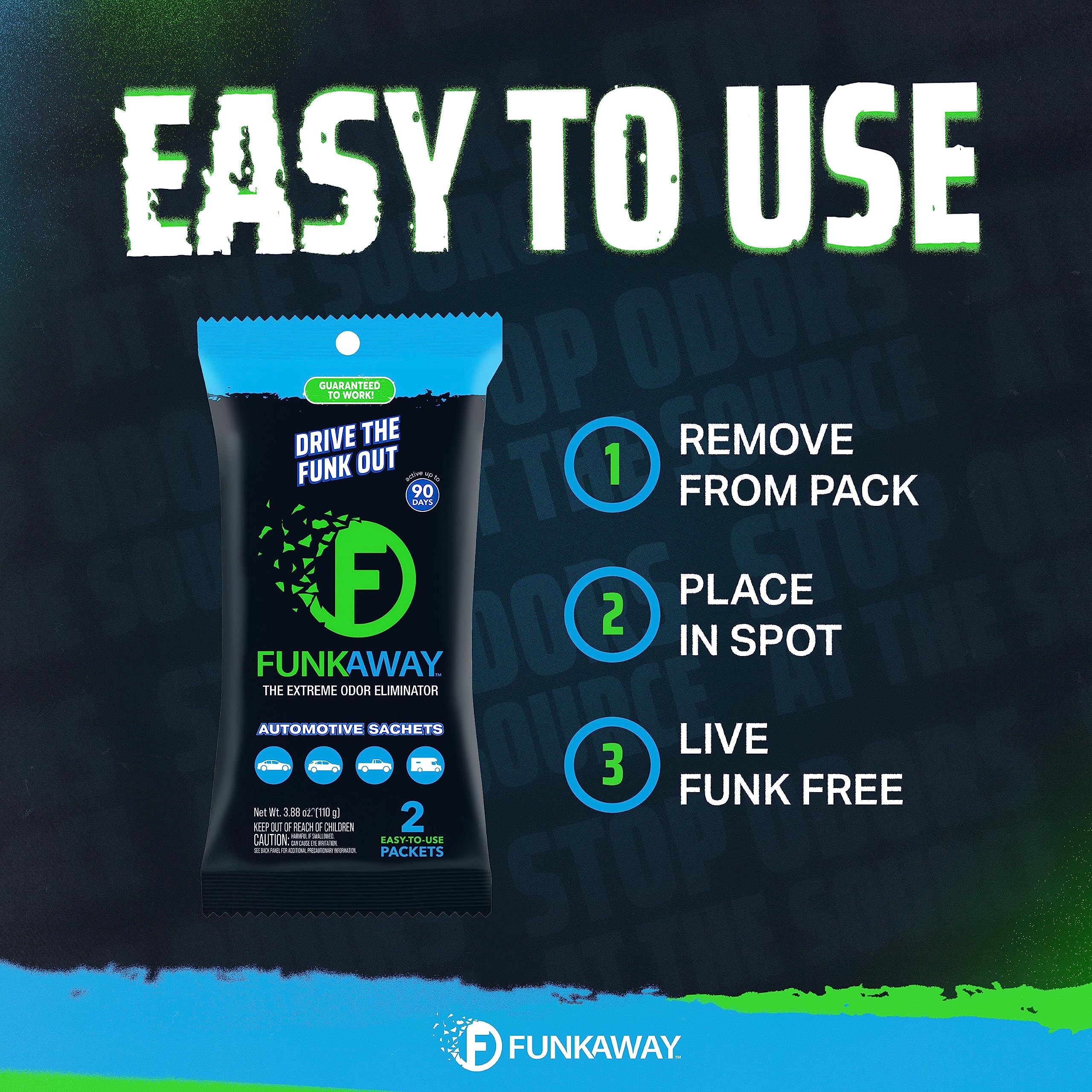 FunkAway Extreme Odor Eliminating Automotive Sachet, Odor Absorbing Packet Ideal for Glove Compartments, Consoles, Trunks & Under Seats, Fresh Smell for Up to 90 Days