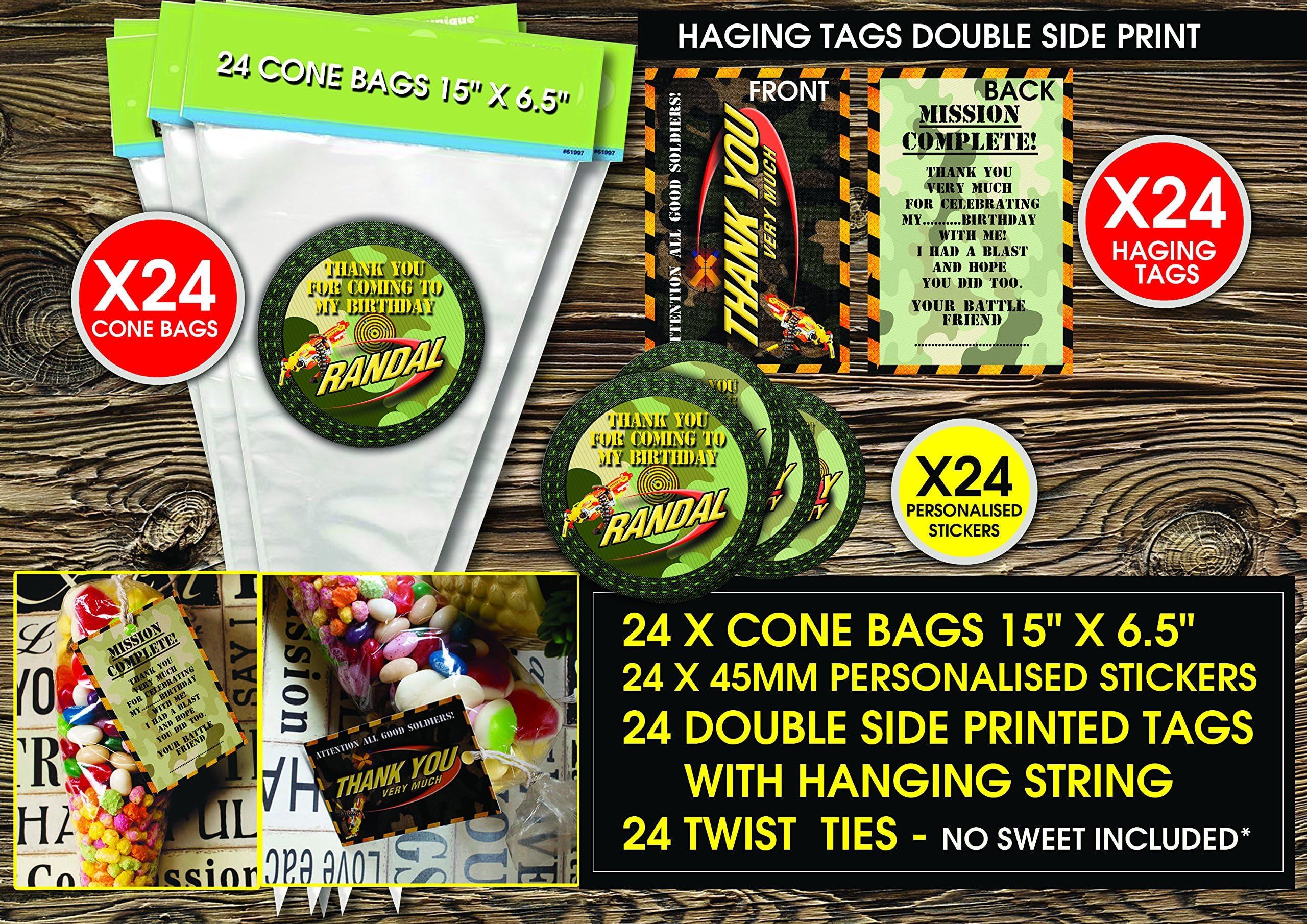 24 x Personalised,army camouflage party,Battle field party do It yourself Sweet Cones Birthday Party Bags + Hanging tie Tags