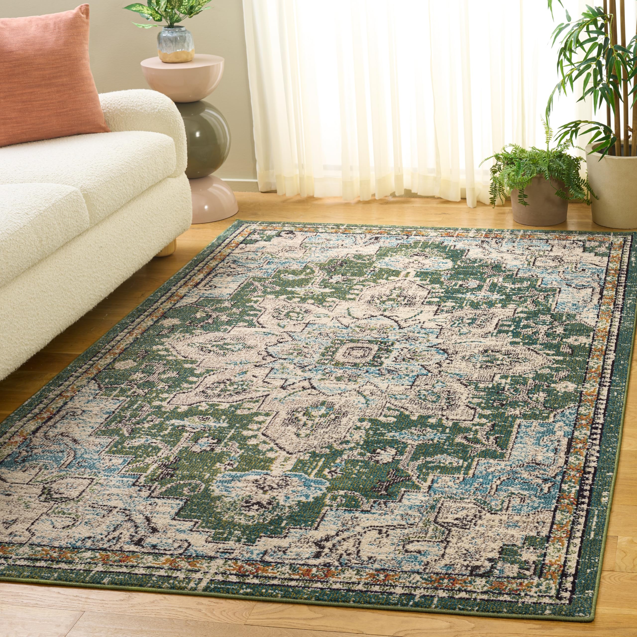 SAFAVIEH Madison Collection Area Rug - 5'3" x 7'6", Sage & Blue, Boho Chic Distressed Medallion Design, Non-Shedding & Easy to Clean, Ideal for Living Room, Bedroom, Dining Space (MAD473W) Image