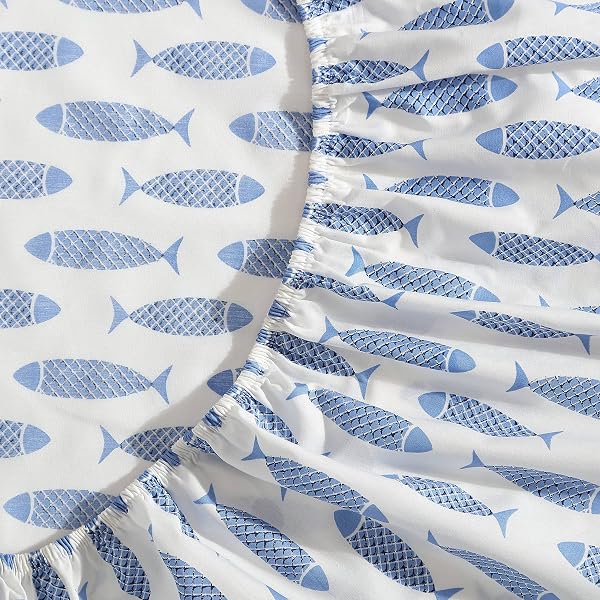 NAUTICA – KING SHEET SET, COTTON PERCALE BEDDING SET, CRISP & COOL, STYLISH HOME DECOR (WOODBLOCK FISH BLUE, KING)