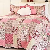 Cmfshape Summer Floral Queen Quilted Bedspread,Romantic Pink Quilt Set Full,Reversible Stitched Bedding Set All Season,Soft Lightweight Coverlet with Pillow Cases (Hot Pink&Rose, Queen90 x90)