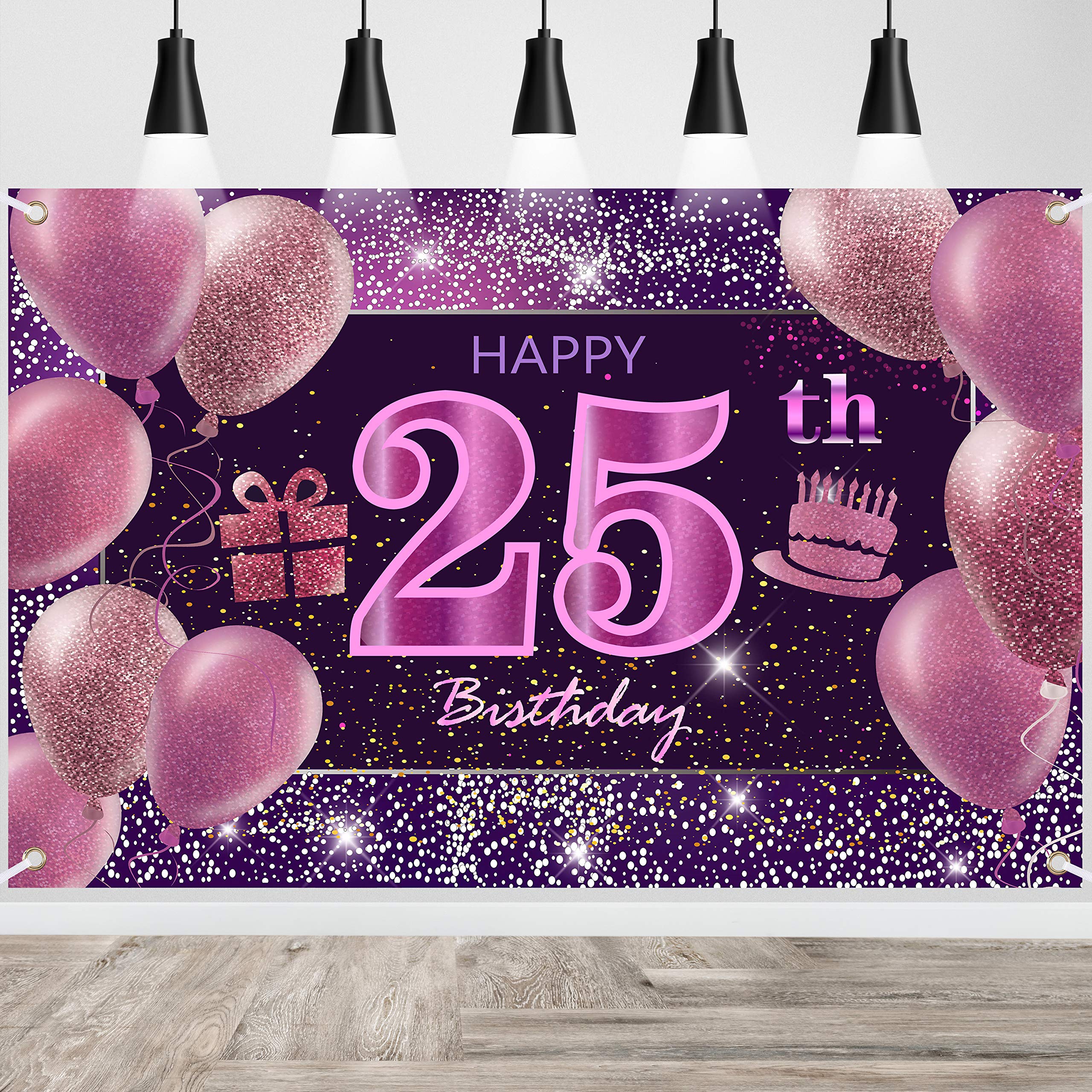 IMISI 25th Birthday Decorations - Happy Birthday Banner, Pink Backdrop for Party