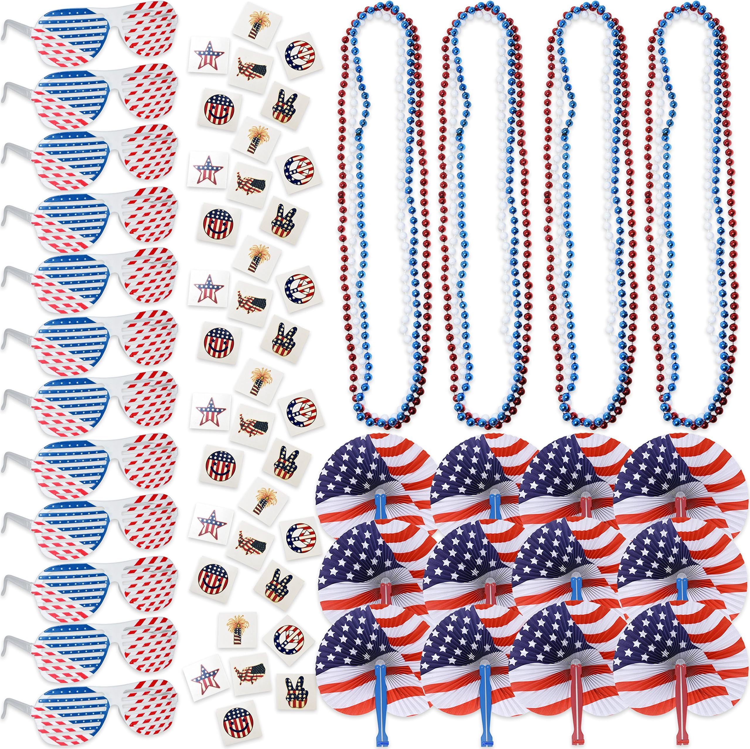 108 4th of July Patriotic American Flag Party Favors Bulk Includes 12 USA Shutter Shade Sunglasses 72 Fourth of July Temporary Tattoos 12 Red Blue and White Bead Necklaces and 12 American Folding Fans