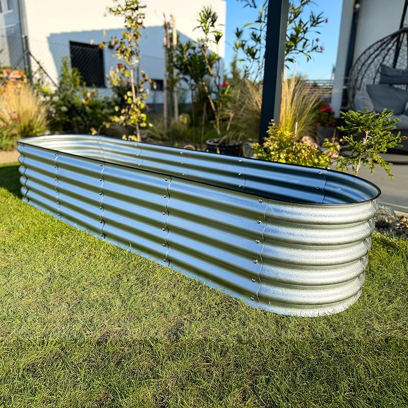 Potager Surélevé en Métal 240x60x43 cm - Bac Potager Extérieur Modulaire 9-en-1 - Jardinière Surélevée en Acier Premium, Inoxydable - Durée de Vie Minimum 20 Ans, Argenté