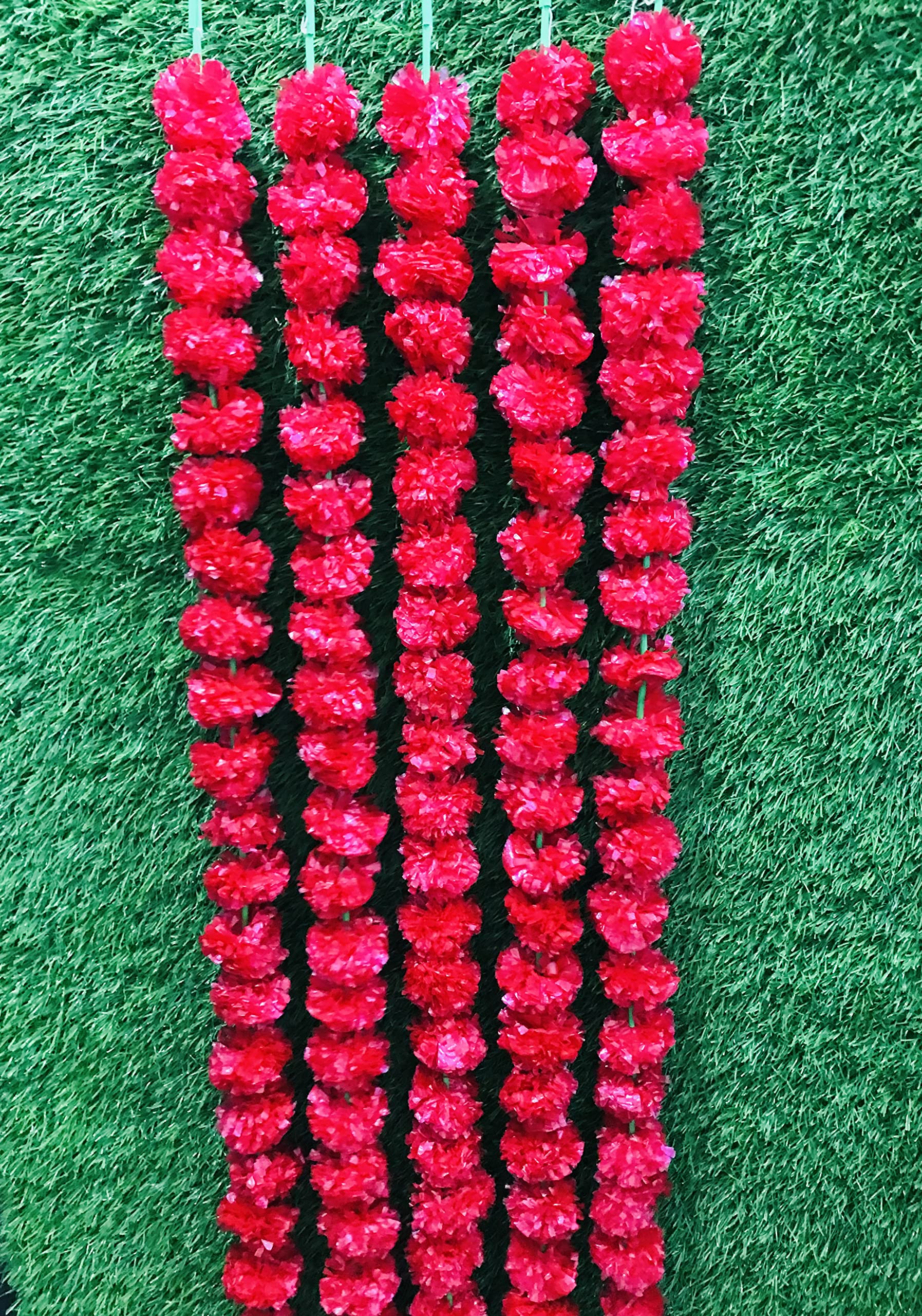 5 PC - 5 feet Marigold Garland |Indian/American Wedding Party Mantle Decoration, Faux Garlands Wedding Garland, Diwali Decoration, Spring Bush Floral! (Red)
