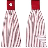 Cackleberry Home Tango Red and White Ticking Stripe Hanging Kitchen Dish Hand Towel Cotton with Button Accent, Set of 2
