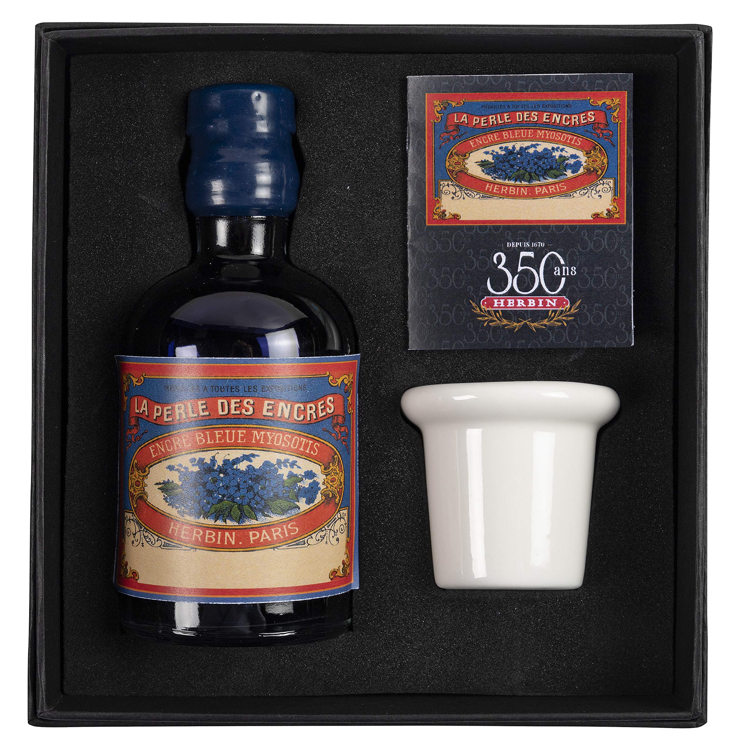 Jacques Herbin 27915T - A special 350th anniversary inkwell set including a porcelain inkwell, instructions and a 100 ml bottle of Forget-Me-Not Blue ink.