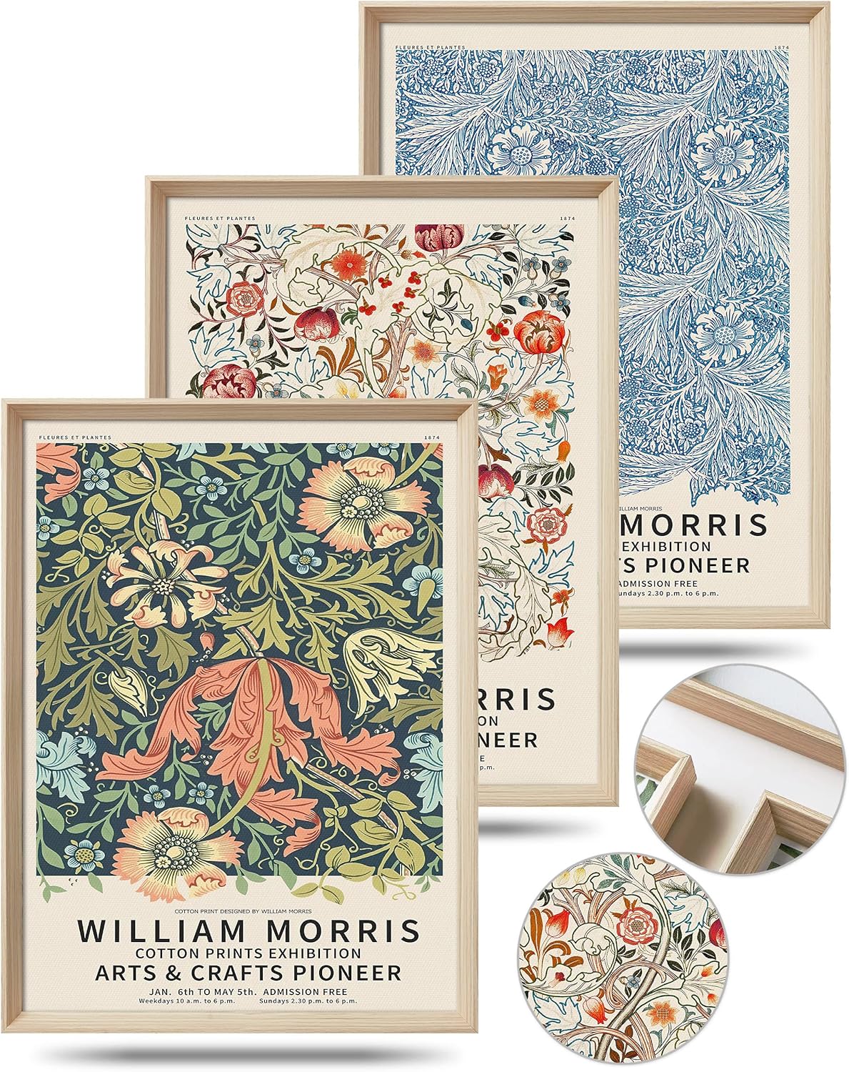 Wall Décor - UPWOIGH Framed Wall Art(No Plexiglass), William Morris Wood Canvas Wall Art,16x12in Cotton Pattern Vintage Poster Wall Decor Aesthetic for Living Room Bedroom, Colorful Plants Flowers Neutral Wall Decor Set of 3