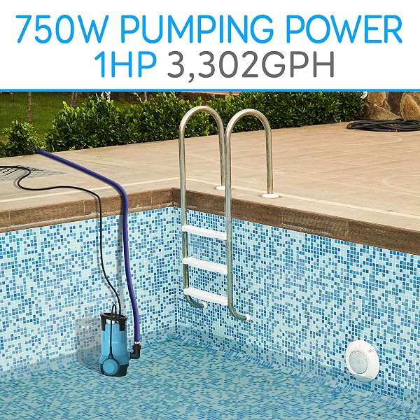 SERENELIFE 1HP SUMP PUMP SUBMERSIBLE, 3300GPH WATER PUMP FOR POOL DRAINING WITH AUTO FLOAT SWITCH, 3PC ADAPTER SET FOR USA GARDEN AND FLAT HOSE, 16FT CORD, CLEAN DIRTY WATER, YARD, POOL, TUB, POND