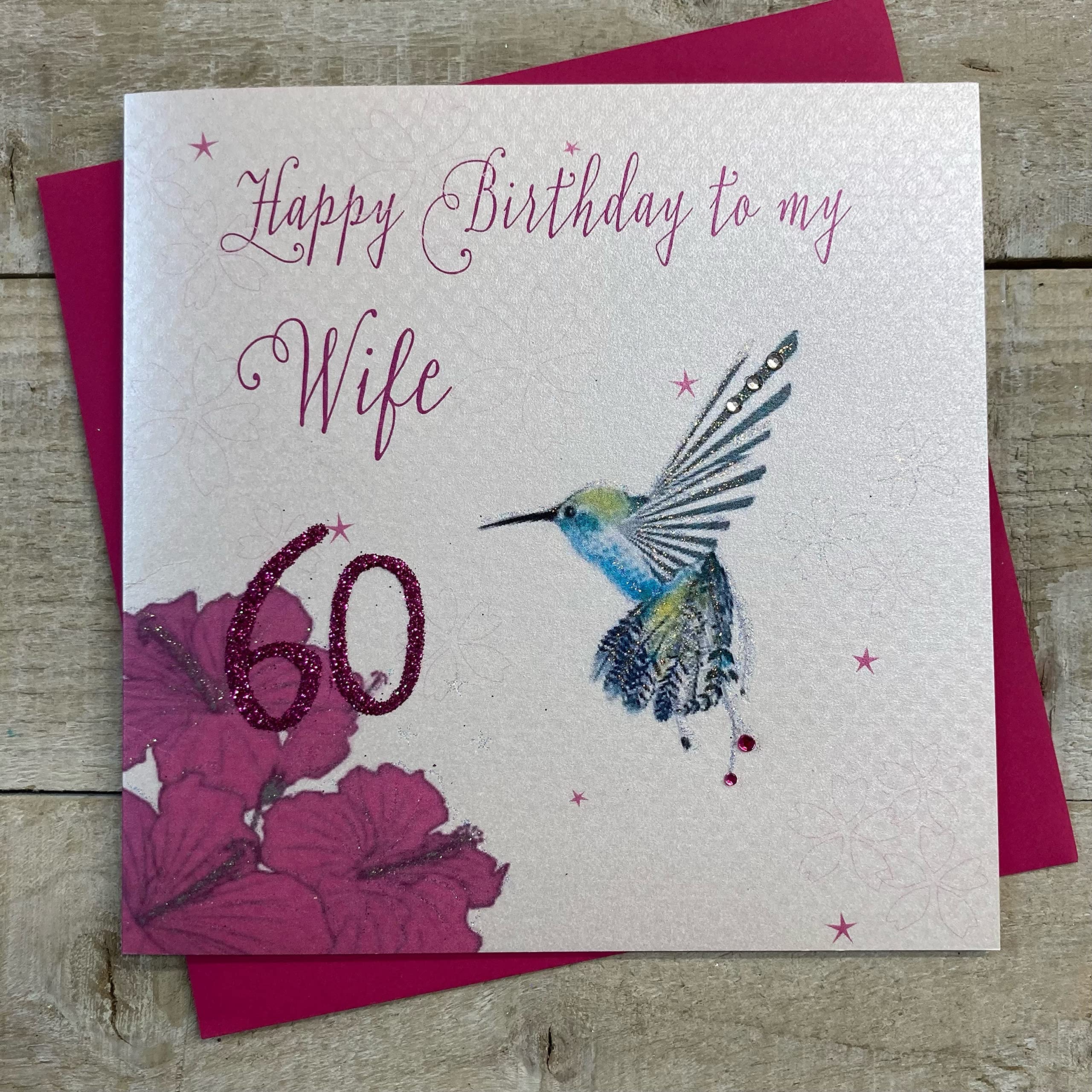WHITE COTTON CARDS Happy 60th Birthday to Wife Handmade Card Humming Bird, DS21,16cm x 16cm