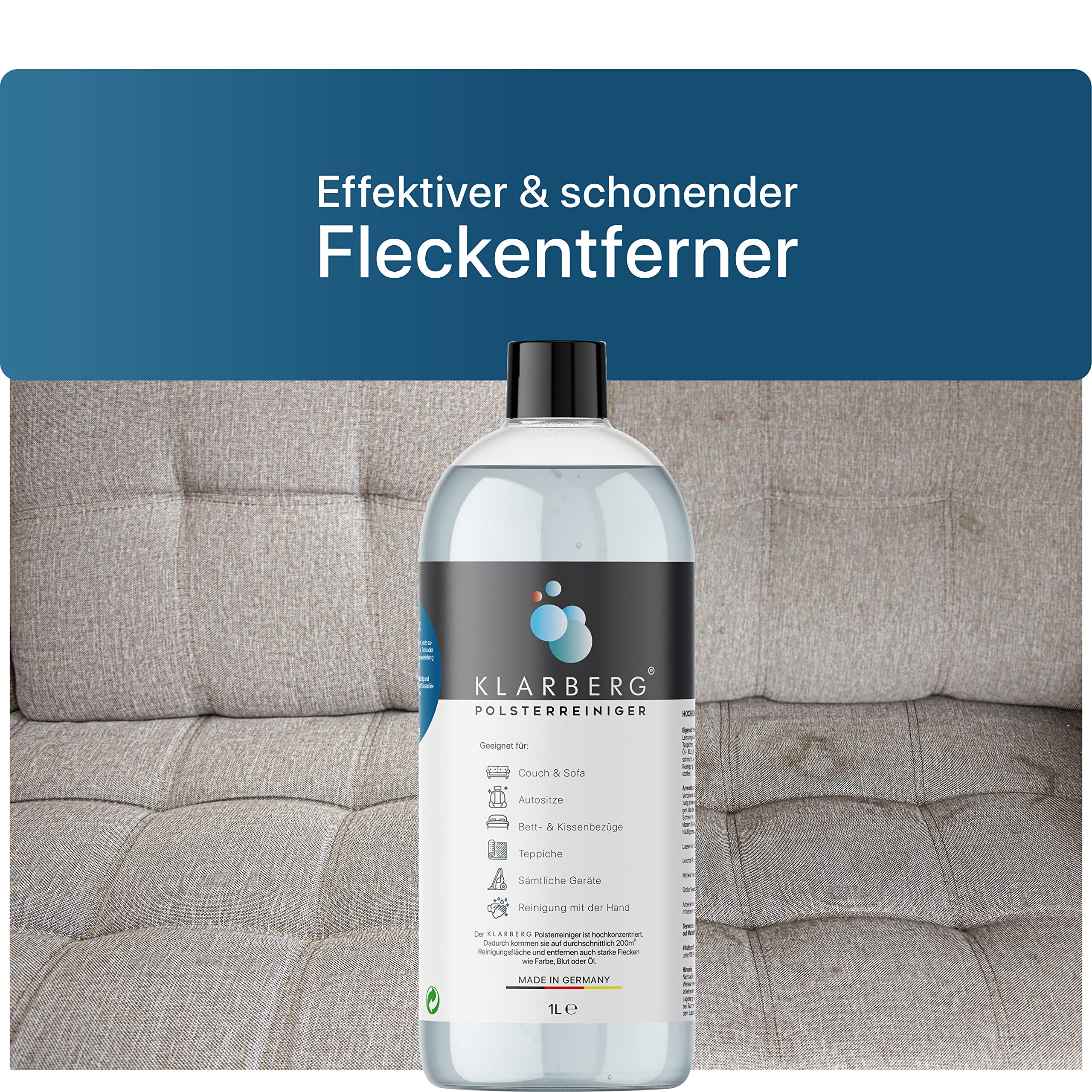 KLARBERG® 1L Waschsauger Polsterreiniger Konzentrat I Polsterreiniger für Sofa, Teppich, Autositze, Textilreiniger uvm. I Geeignet für Waschsauger, Nasssauger und Reinigung per Hand 3