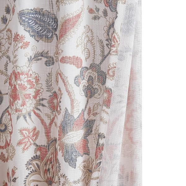KAYNE STUDIO NAVY RED CURTAIN PANELS LINEN TEXTURED BOTANICAL LEAF PRINT FLORAL FARMHOUSE LINEN CURTAIN DRAPES LIGHT FILTERING WINDOW TREATMENTS LIVING ROOM BEDROOM ROD POCKET BACK TAB,52″X102″X2