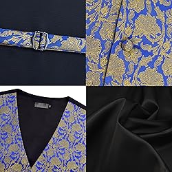 GUSLESON Mens Gold Blue Floral Suit Vest Tie and