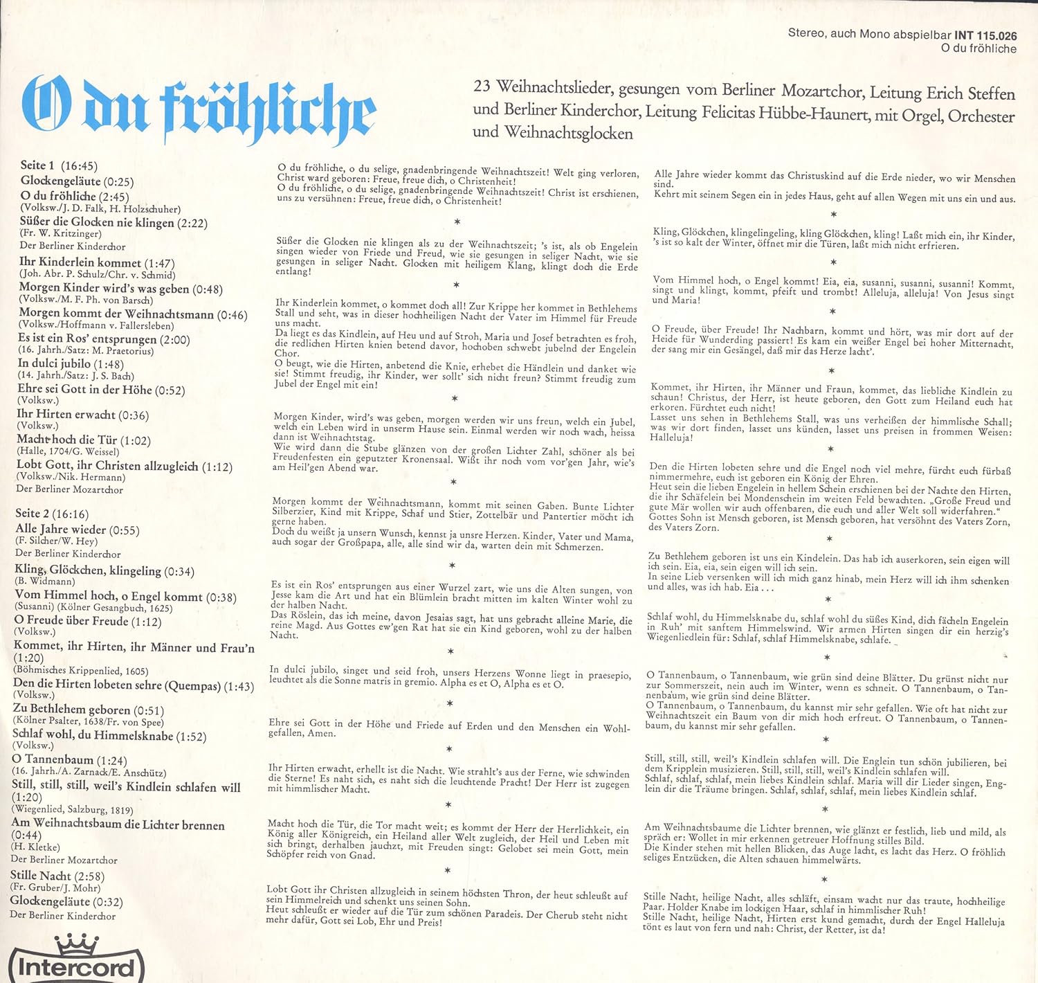 O Du Frohliche 23 Weihnachtslieder Gesungen Vom Berliner Mozartchor Und Berliner Kinderchor Mit Orgel Orchester Und Weihnachtsglocken Vinyl Lp Amazon De Musik Cds Vinyl