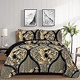 DJY Black Quilt Set Queen Size, Boho Gold Damask Bedspread Coverlet Set Soft Lightweight Microfiber Luxury Bedding Set 3 Pieces for All Season (96"x90")