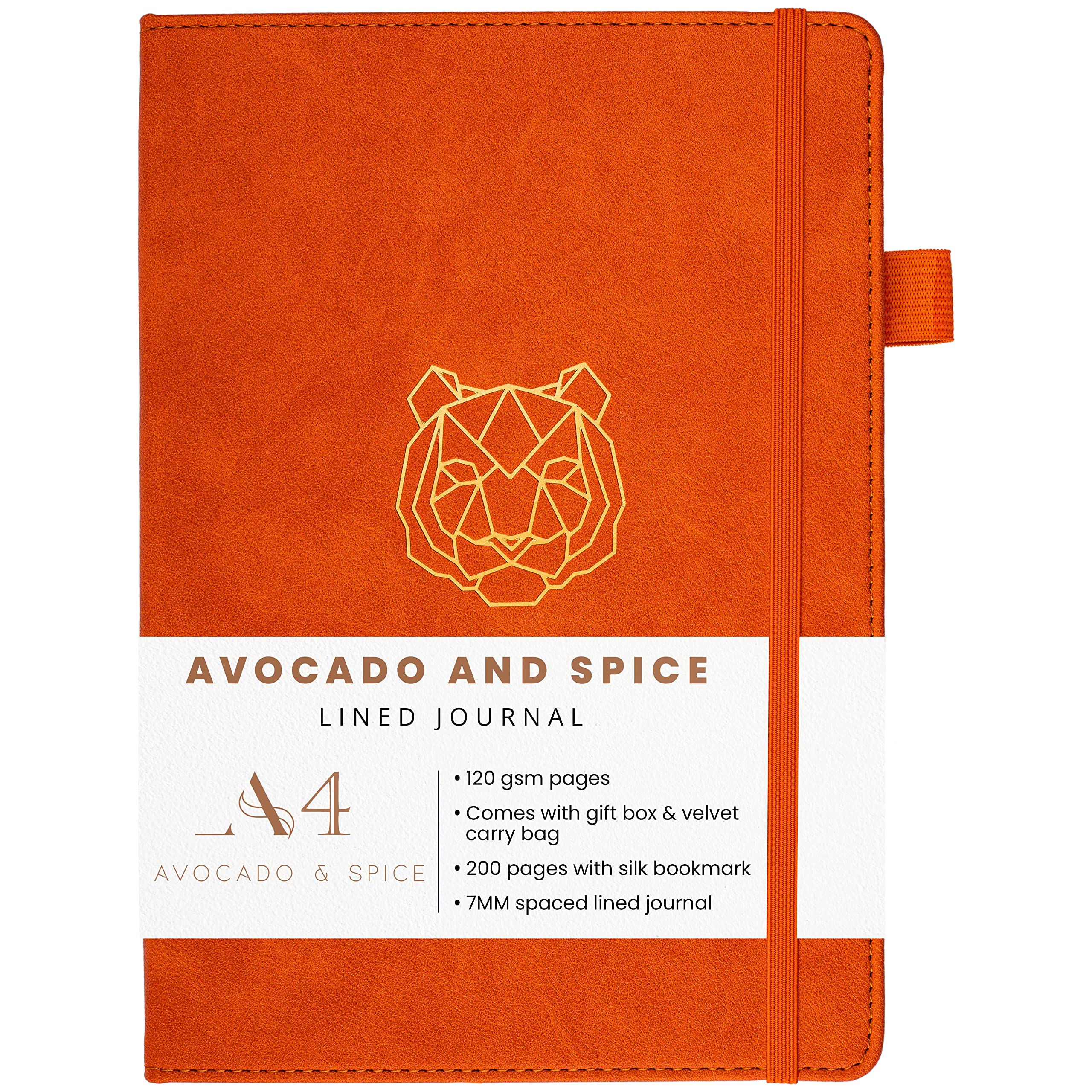 A4 Lined Notepad by Avocado and Spice®Faux Leather Hard Back Notebook Lined with Gift Box & Velvet Bag – Writing Pads A4 Lined - Bookmark, Elastic Strap, Pen Holder, 200 Thick Page (Orange, Lined)