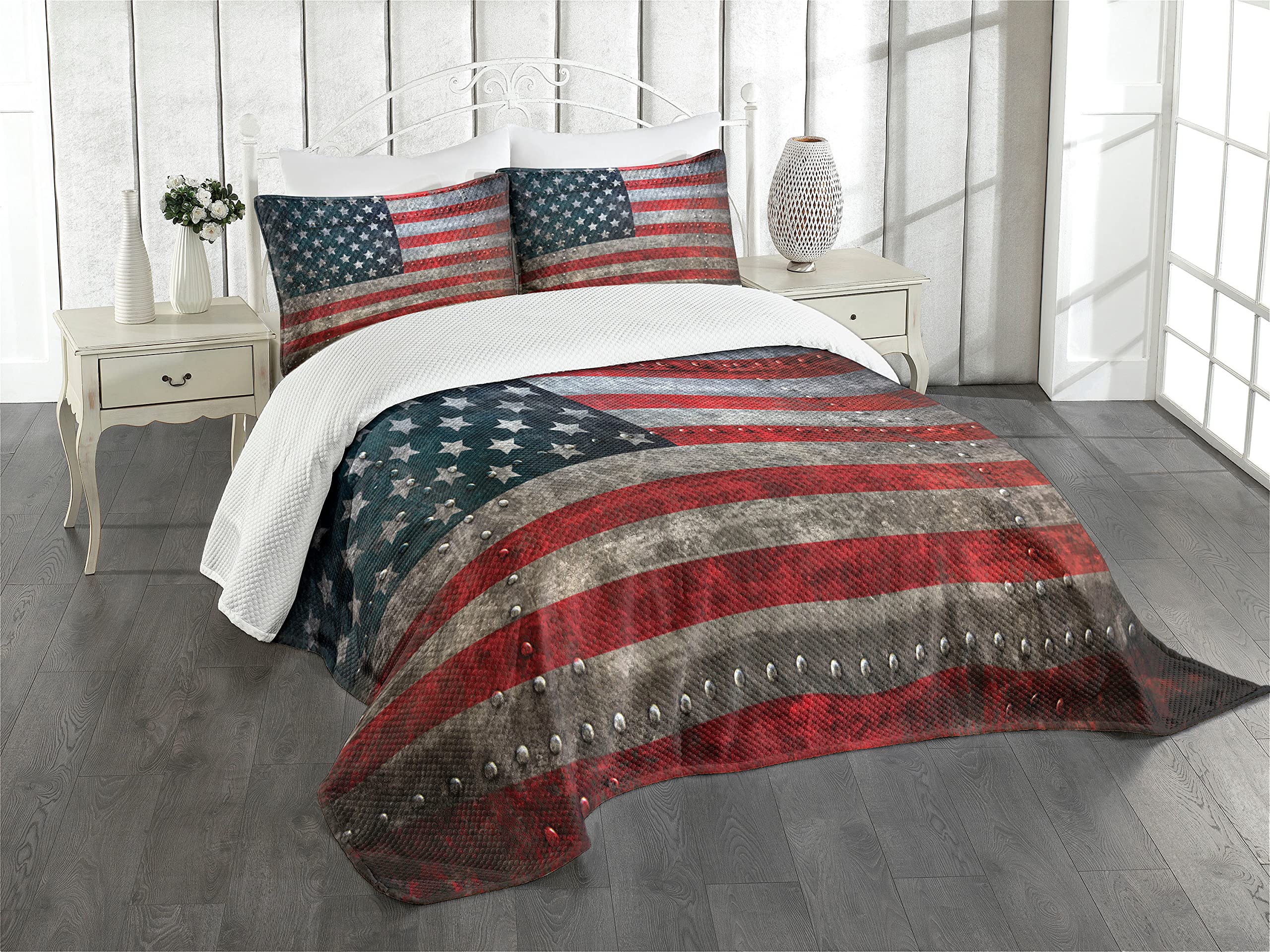ABAKUHAUS American Flag Bedspread Set, US Flag Plate, Decorative Quilted 2 Piece Coverlet Set with Pillow Sham, Red Grey
