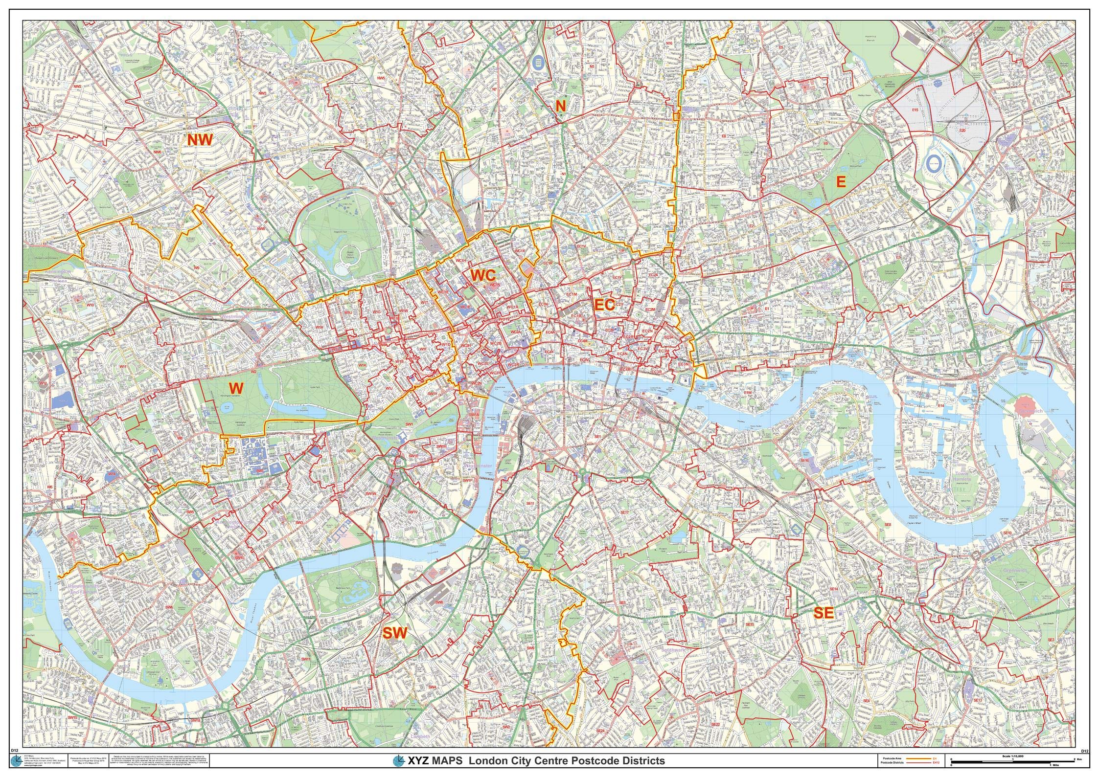 London City Centre Postcode District Wall Map (D12) - 47" x 33.25" Laminated