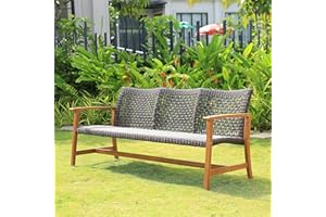 Idzo Trinite 1000lbs Capacity Acacia Outdoor Sofa, FSC Certified Patio Couch with Upgraded 2000Hours UV Resistant Wicker, Teak Finish Furniture Set, 3 Seater - Ash Brown