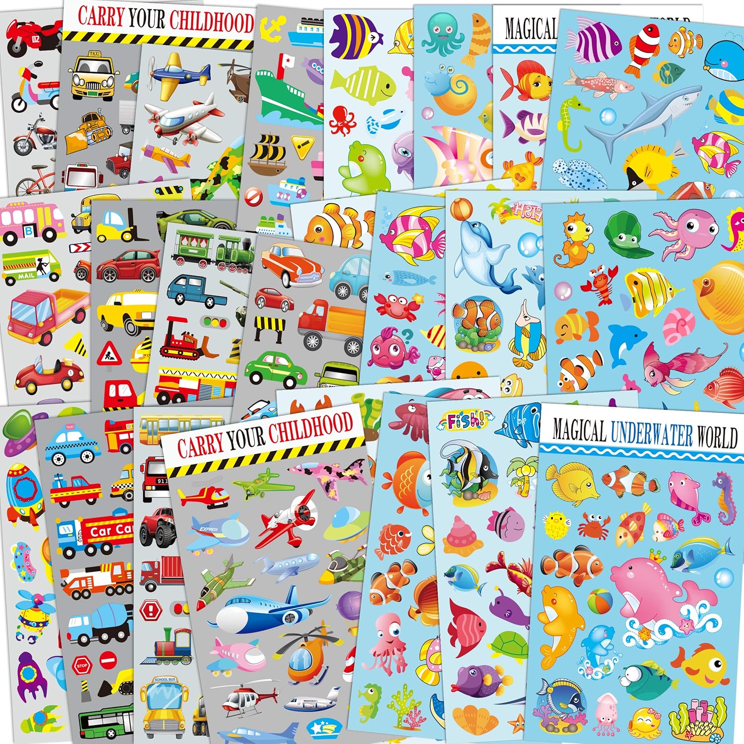 Sticker Collection Transportation & Sea World Stickers for Kids, Total in 24 Sheets, with Angelfish, Sharks, Starfish, Sharks, Cars, Airplane, Train, Police Car, Fire Trucks and More! Party Supplies