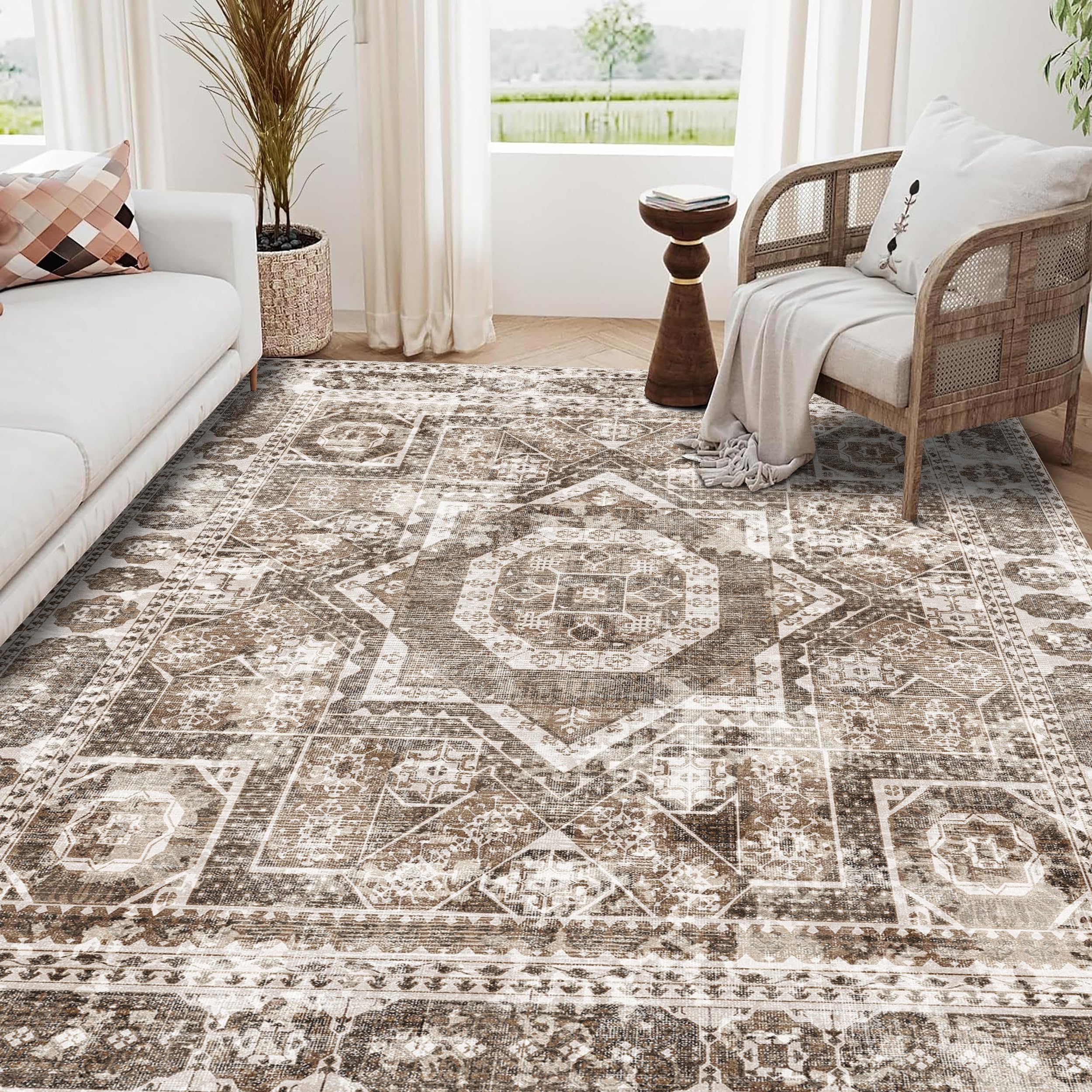 Photo 1 of (XL) EASERUG Machine Washable Rug 9' x 12' Vintage Design Area Rugs with Non Slip Rugs for Living Room Bedroom Carpet Stain Resistant, Home Decor Office Boho Rug, Ivory