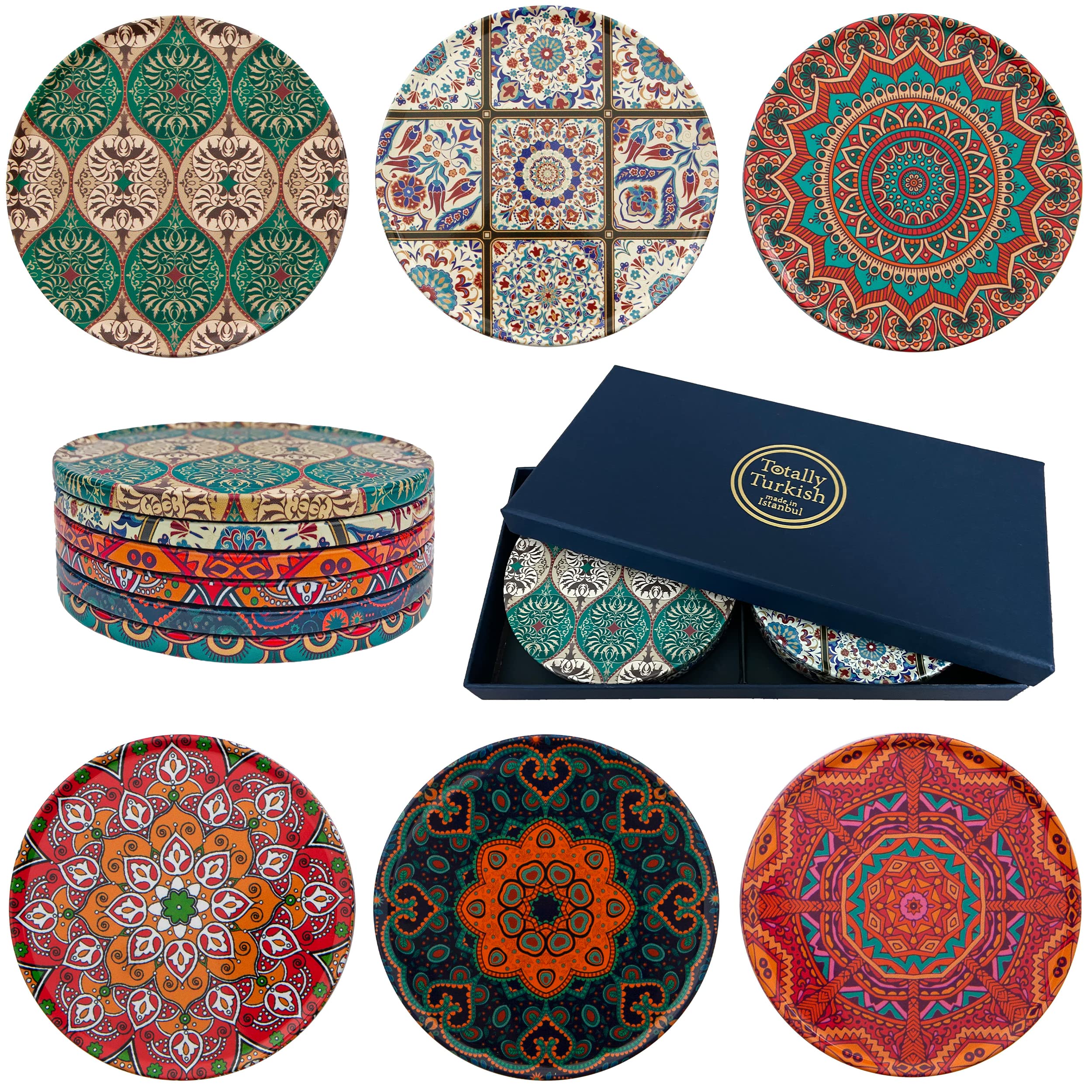 Totally Turkish – Patterned Drink Coasters Set of 6 – Giftable Design Drinks Mat Set – Non-Scratch Top & Non-Slip Cork Base (Bomonti)