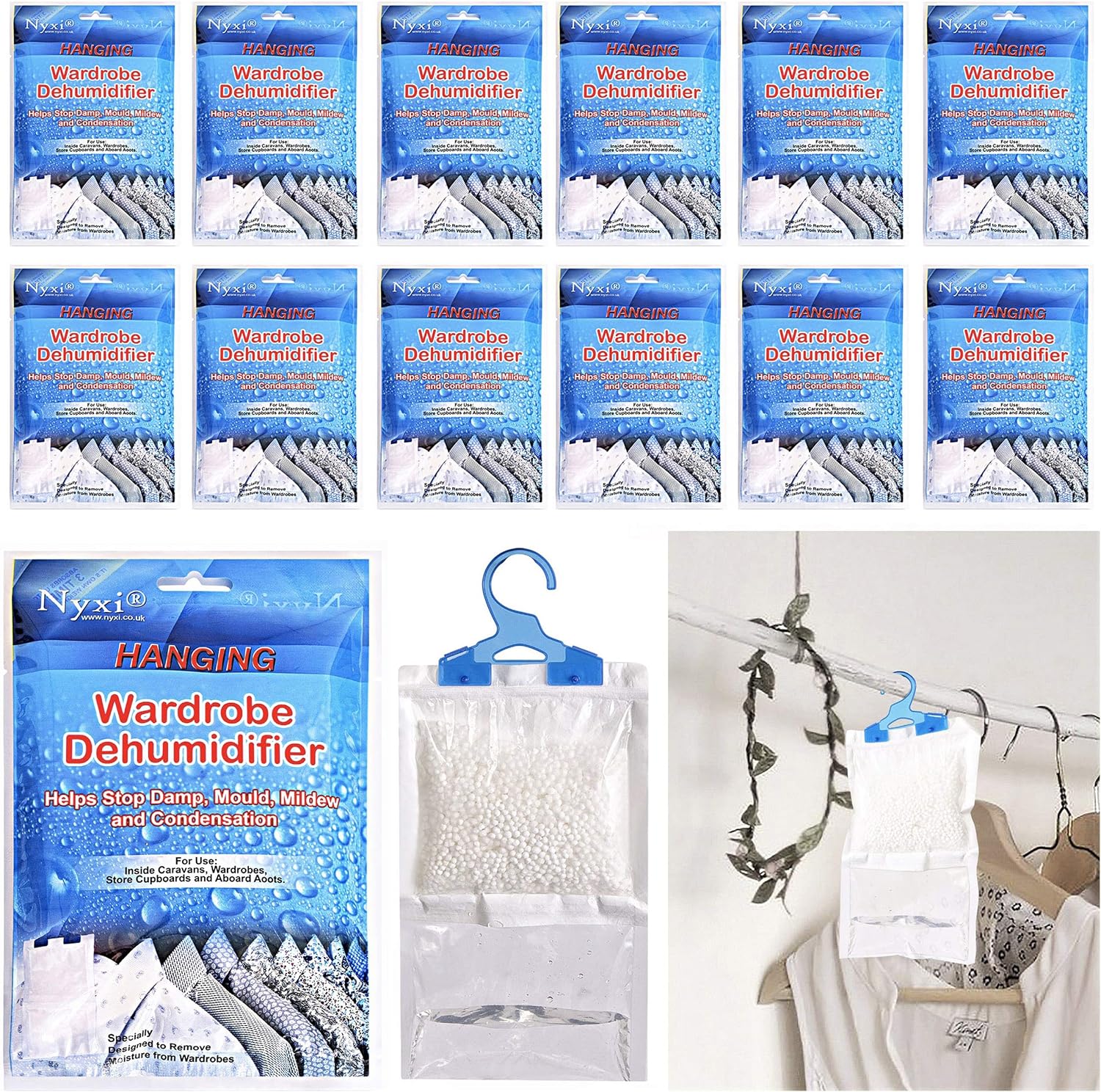 Nyxi Set of 12 Hanging Interior Wardrobe Dehumidifier, 230g Each Bag, Ideal to stop damp