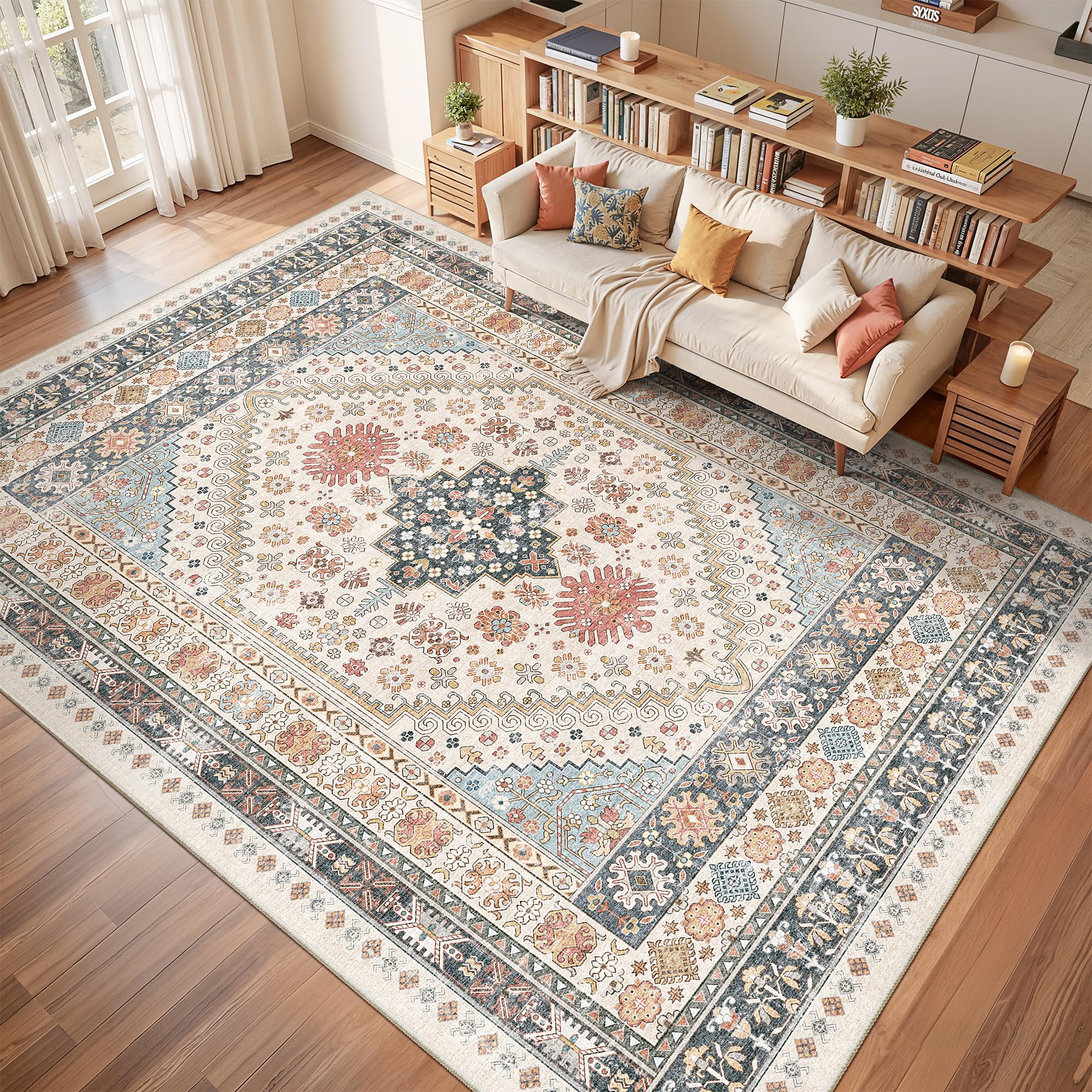 Restydon Washable Rugs 8x10 Area Rugs for Living Room, Non-Slip Backing Large Rug for Nursery Room, Vintage Floral Bedroom Rugs, Thin Indoor Home Decor Soft Farmhouse Rug (Blue/Red/Multi,8'x10') Image