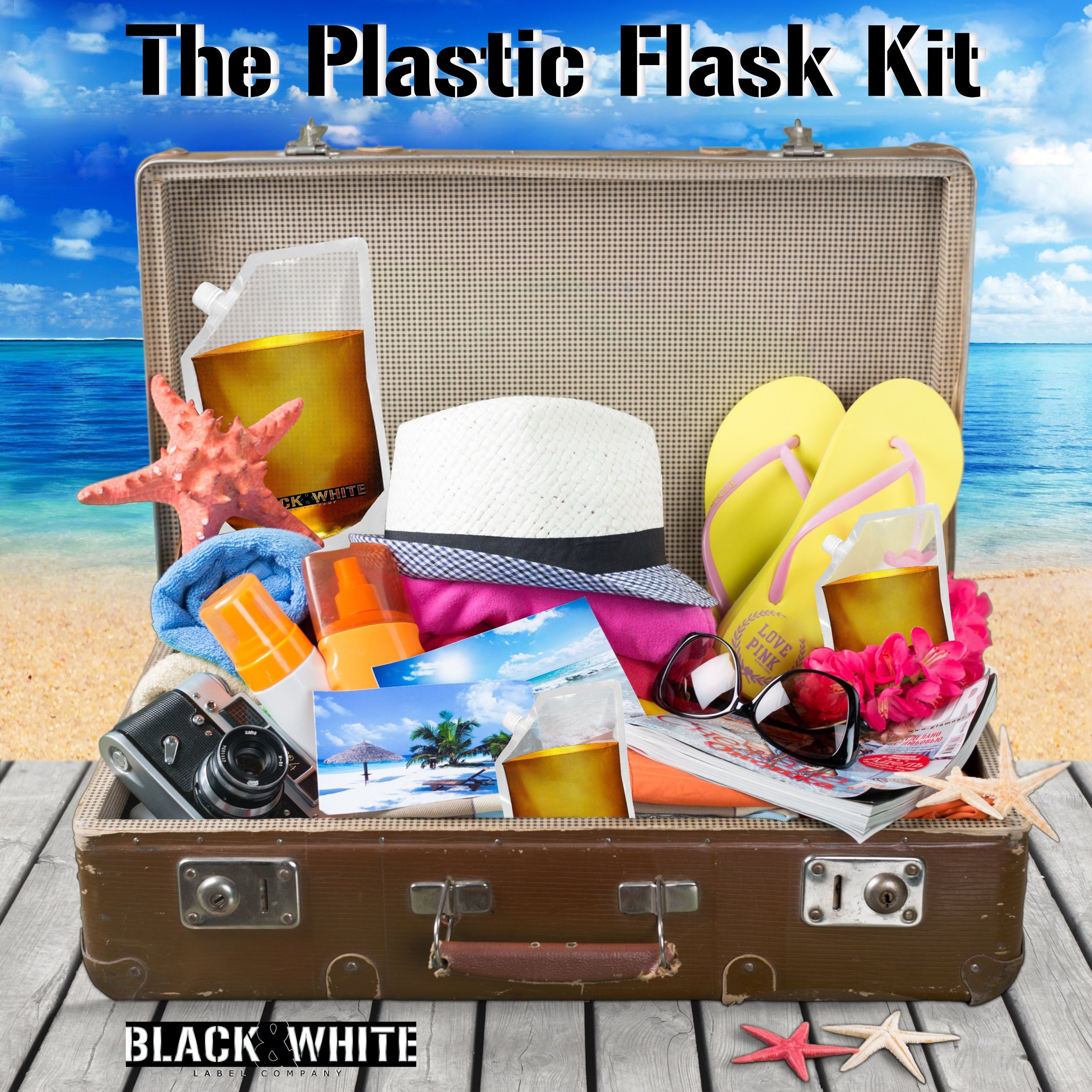 (9) Black & White Label Premium Plastic Flasks Liquor Rum Runner