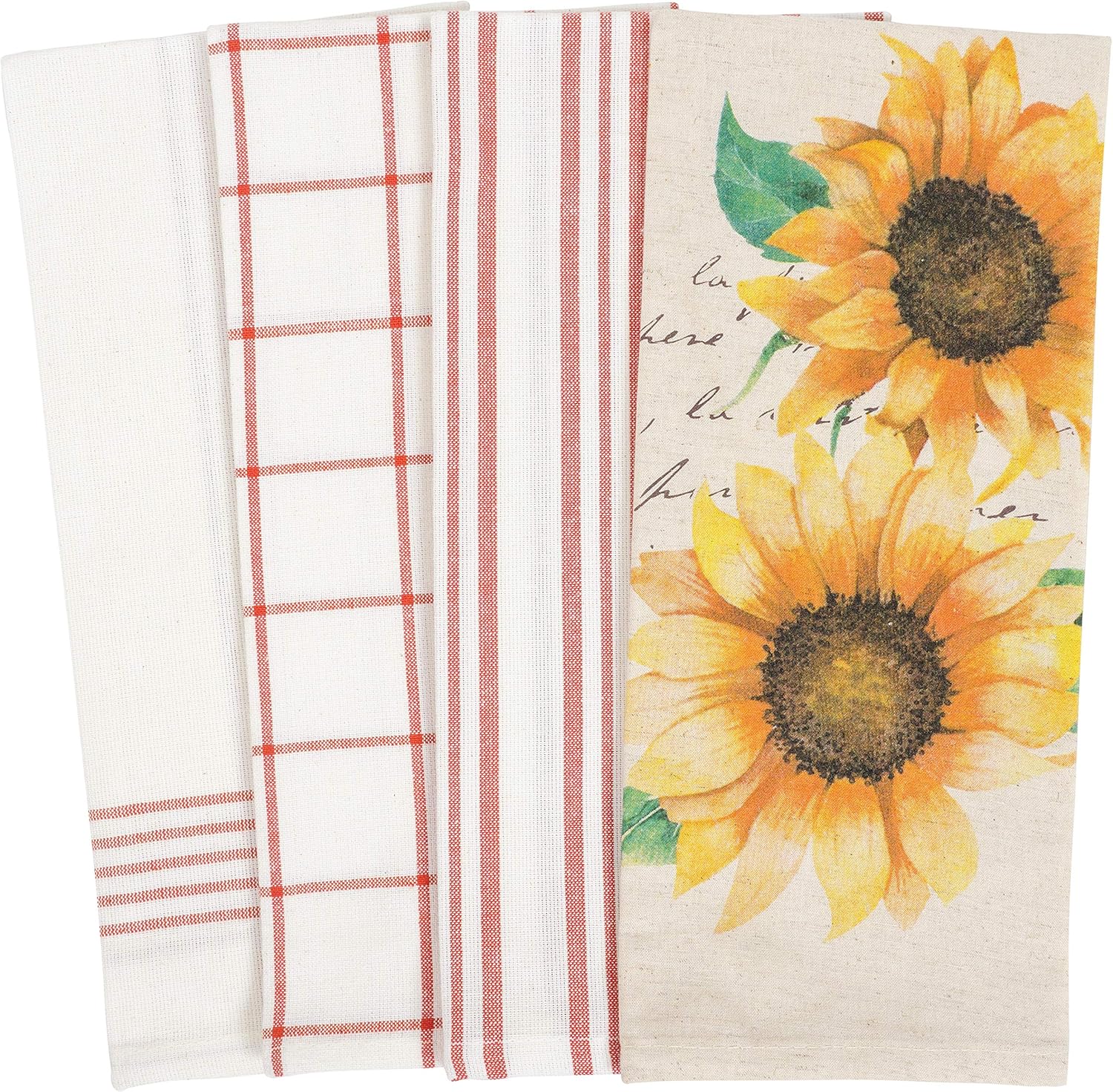 KAF Home Pantry Kitchen Holiday Dish Towel Set of 4, 100-Percent Cotton, 18 x 28-inch (Sunflower Script)