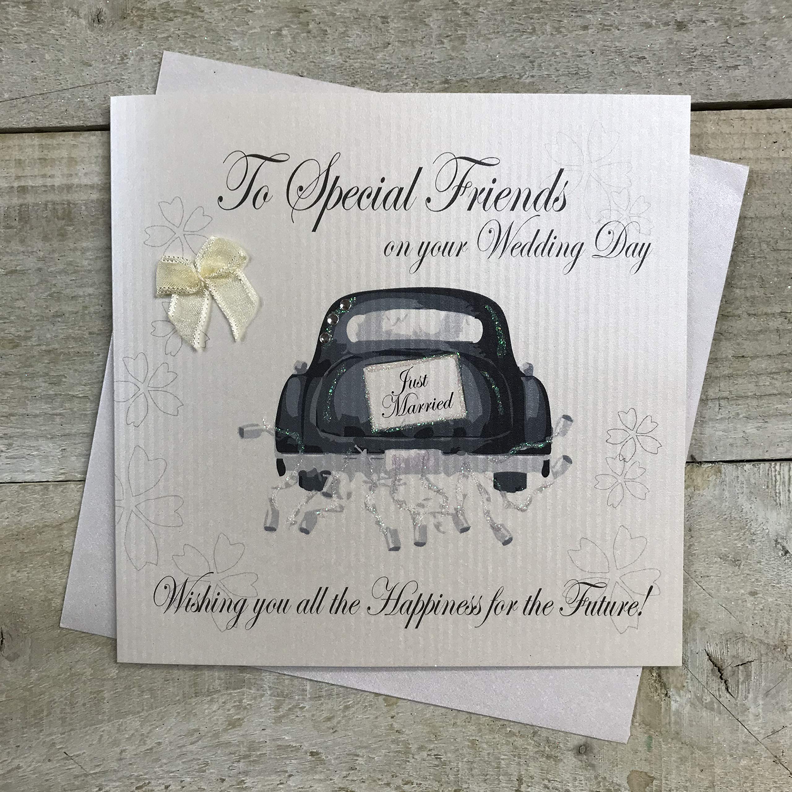 white cotton cards Handmade To Special Friends On Your Wedding Day Wishing you all the happiness for the future! Car Card, White, PD248