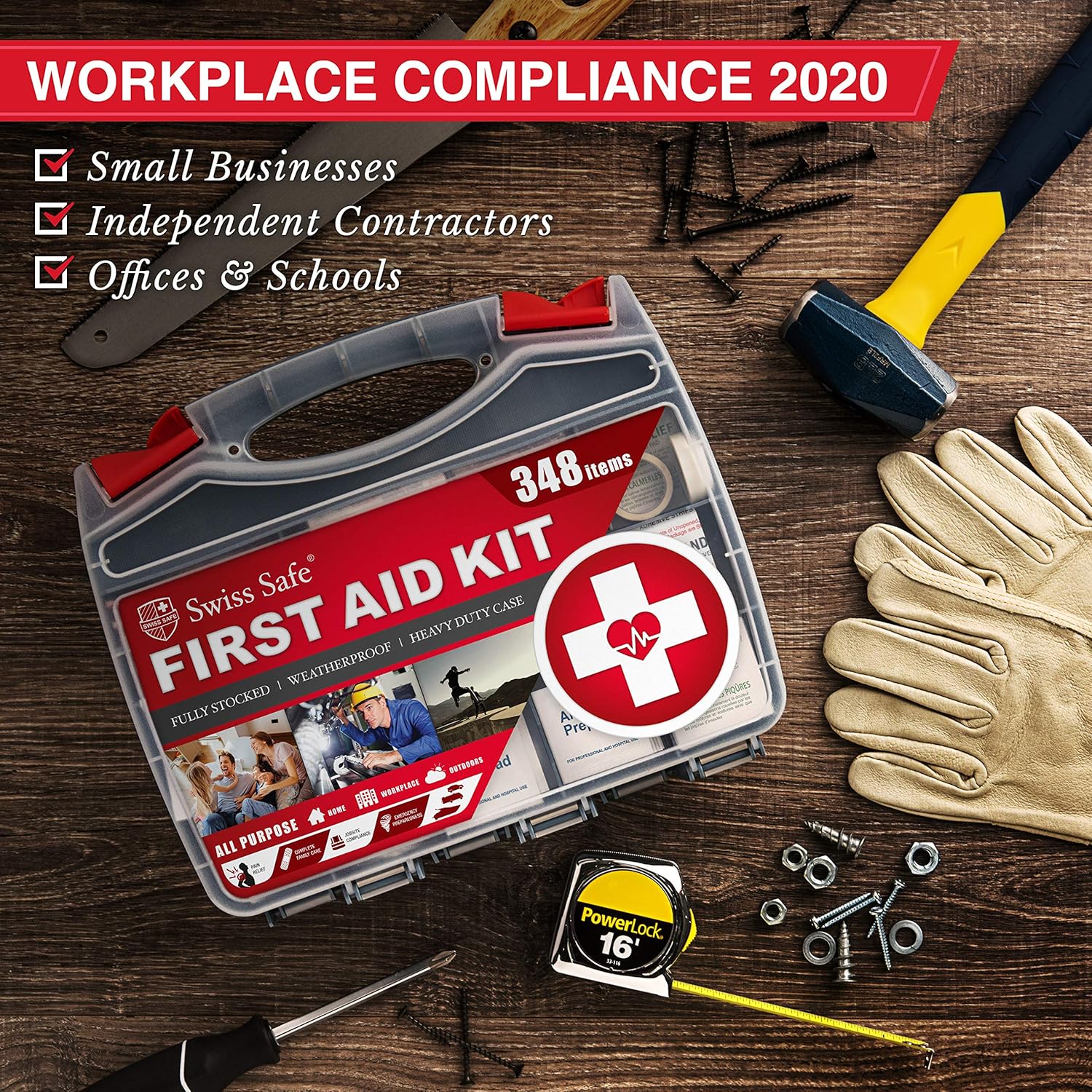 2-in-1 First Aid Kit (348-Piece) 'Double-Sided Hardcase' + Bonus 32-Piece Mini Kit: Perfect for Home & Workplace Safety [50 Person Kit]: Health & Personal Care