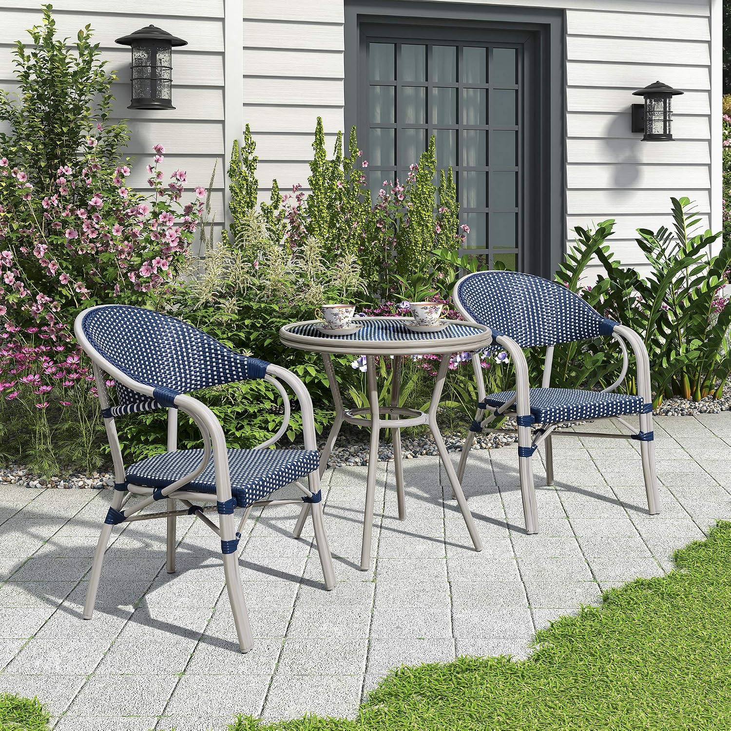 Amazon Com Purple Leaf French Patio Bistro Set Rattan Aluminum Large Size 3 Pieces With Armchairs And Tempered Glass Top Bistro Table For Patio Garden Backyard Deck Porch Balcony Outdoor Bistro Set Dark