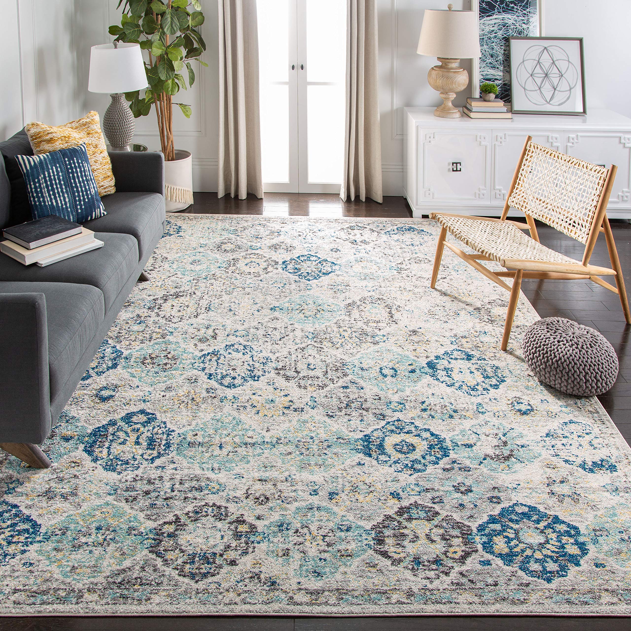 SAFAVIEH Madison Collection Area Rug - 10' Square, Ivory & Aqua, Boho Chic Distressed Design, Non-Shedding & Easy Care, Ideal for High Traffic Areas in Living Room, Bedroom (MAD611A) Image