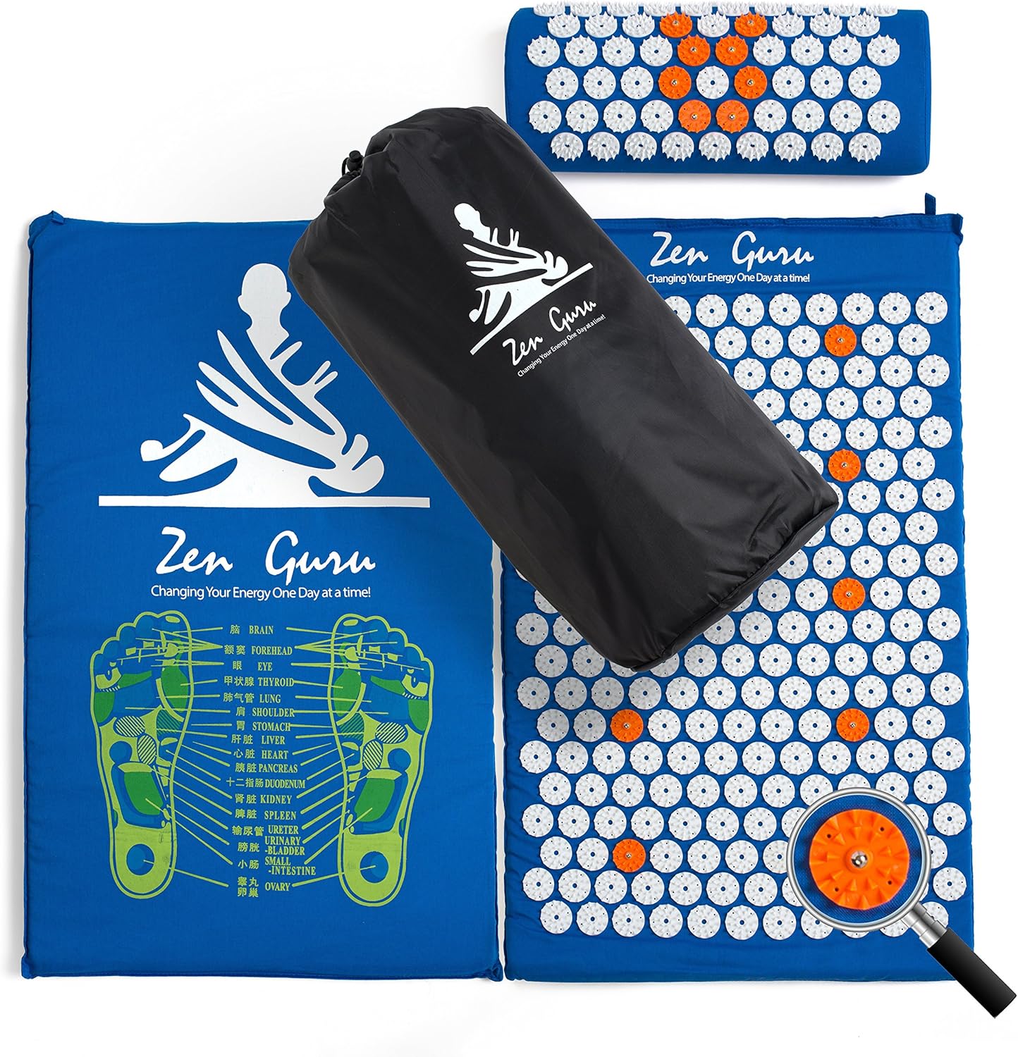 ZenGuru Best Acupressure Mat & Pillow Set - Sale - Effective Remedy for Pain and Stress Relief - with Magnet Therapy - Free Bonuses: Carry Bag & Reflexology Foot Chart - Lifetime Money Back (Blue): Health & Personal Care