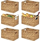 BARIEN Set of 6 Natural Water Hyacinth Woven Storage Baskets 12.6” x 8” x 7”, Rectangular Wicker Basket with Built-in Handles, Medium (Natural - Set of 6)