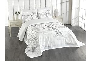 Lunarable Winter Bedspread, Ski Lift with Fir Trees Monochrome Seasonal Holiday Destination Themed Sketch, Decorative Quilted 3 Piece Coverlet Set with 2 Pillow Shams, Queen Size, White and Black