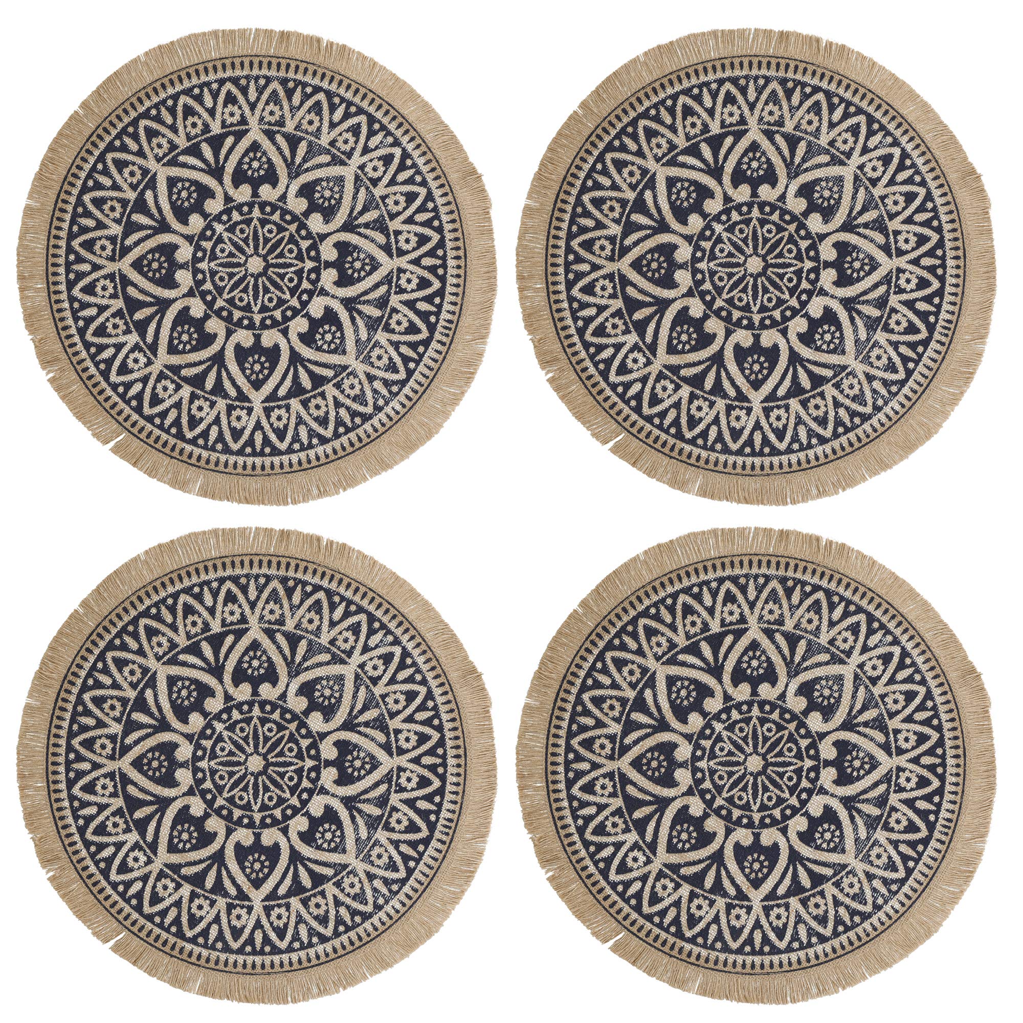 Creative Tops Set of 4 Jute Placemats with Mandala Design, Natural Printed Hessian Round Table Mats, Blue, 41cm