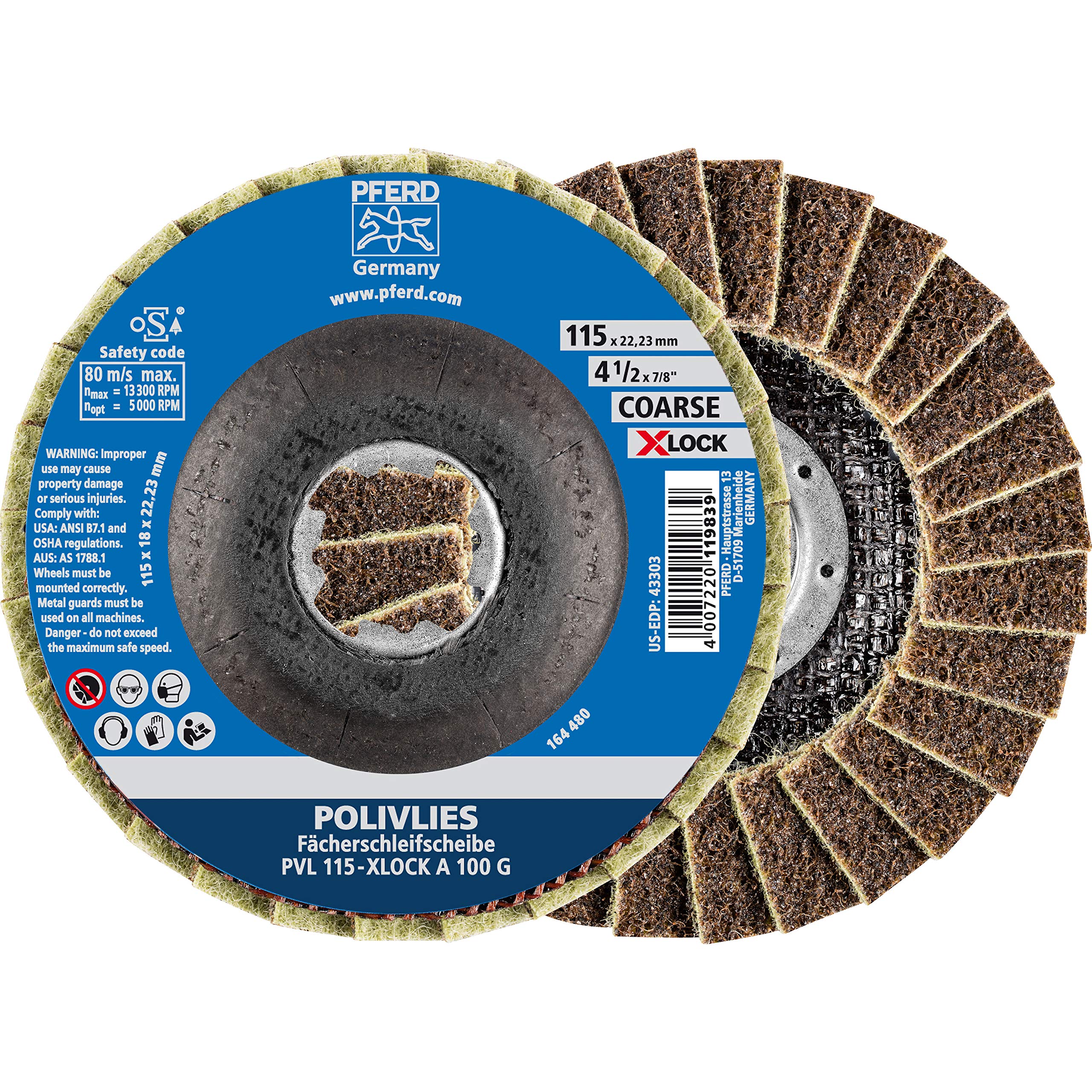 PFERD POLIVLIVLIES 44694201 Fan Disc, Pack of 5, 115 mm, A100, Coarse, X-Lock (22.23 mm), for Quick and Comfortable Tool Change — image 1